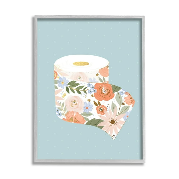 Stupell Industries Spring Floral Print Toilet Paper over Blue Painting Framed Art Print Wall Art, 24x30, By Loni Harris