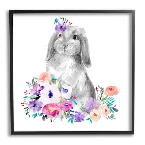 Stupell Industries Spring Florals Rabbit Animals & Insects Painting Black Framed Art Print Wall Art, 12 x 12