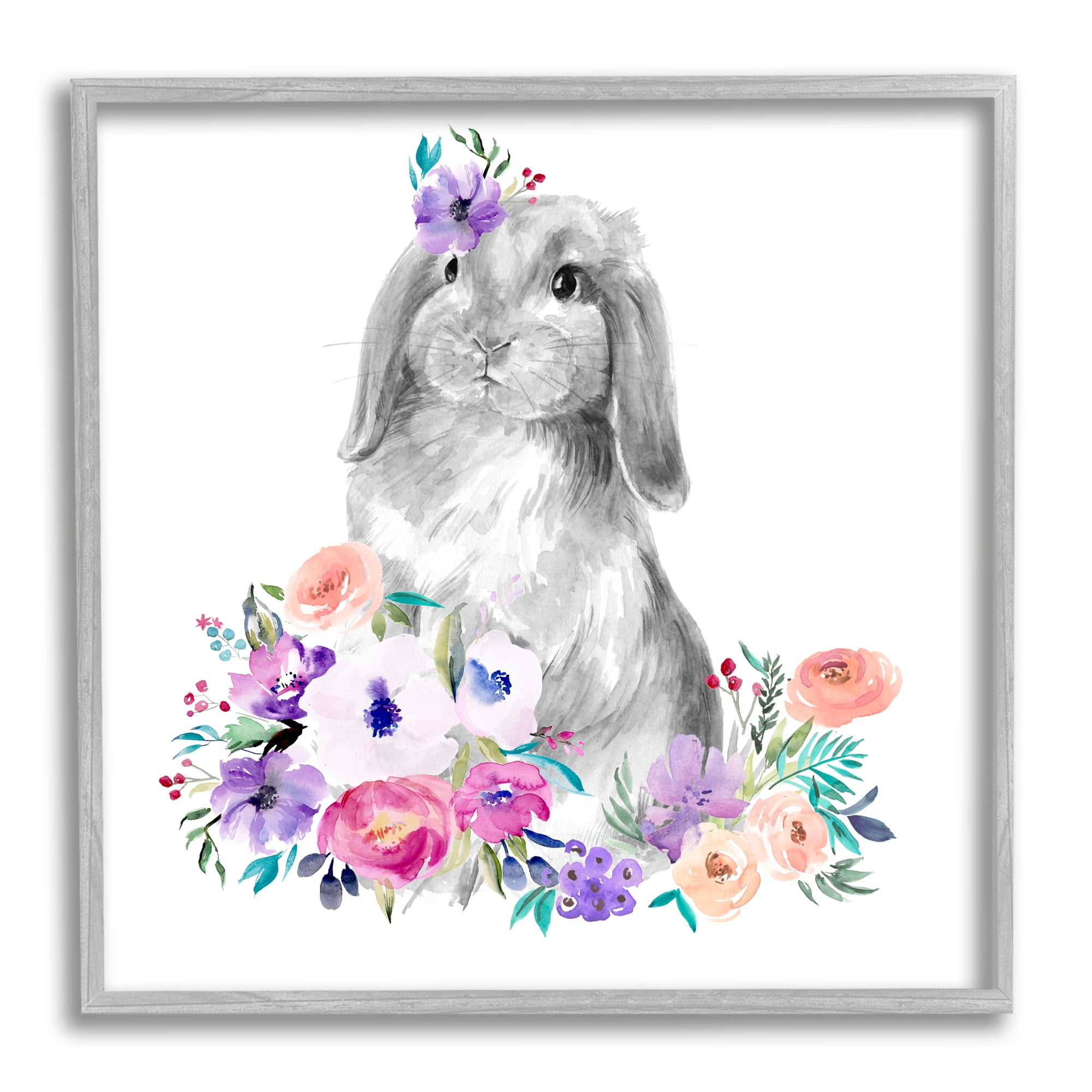 Stupell Industries Spring Florals Rabbit Animals & Insects Painting Gray Framed Art Print Wall Art, 12 x 12
