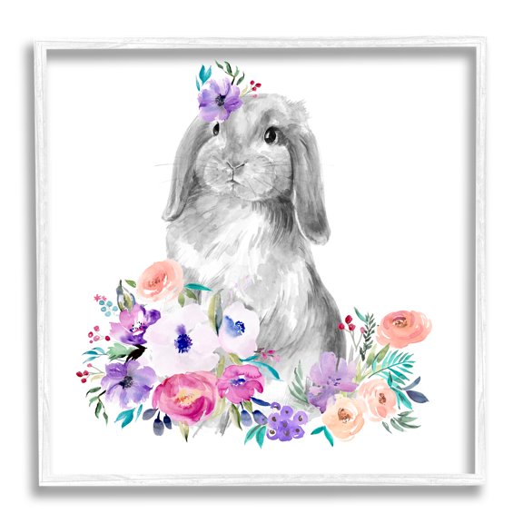 Stupell Industries Spring Florals Rabbit Animals & Insects Painting White Framed Art Print Wall Art, 12 x 12