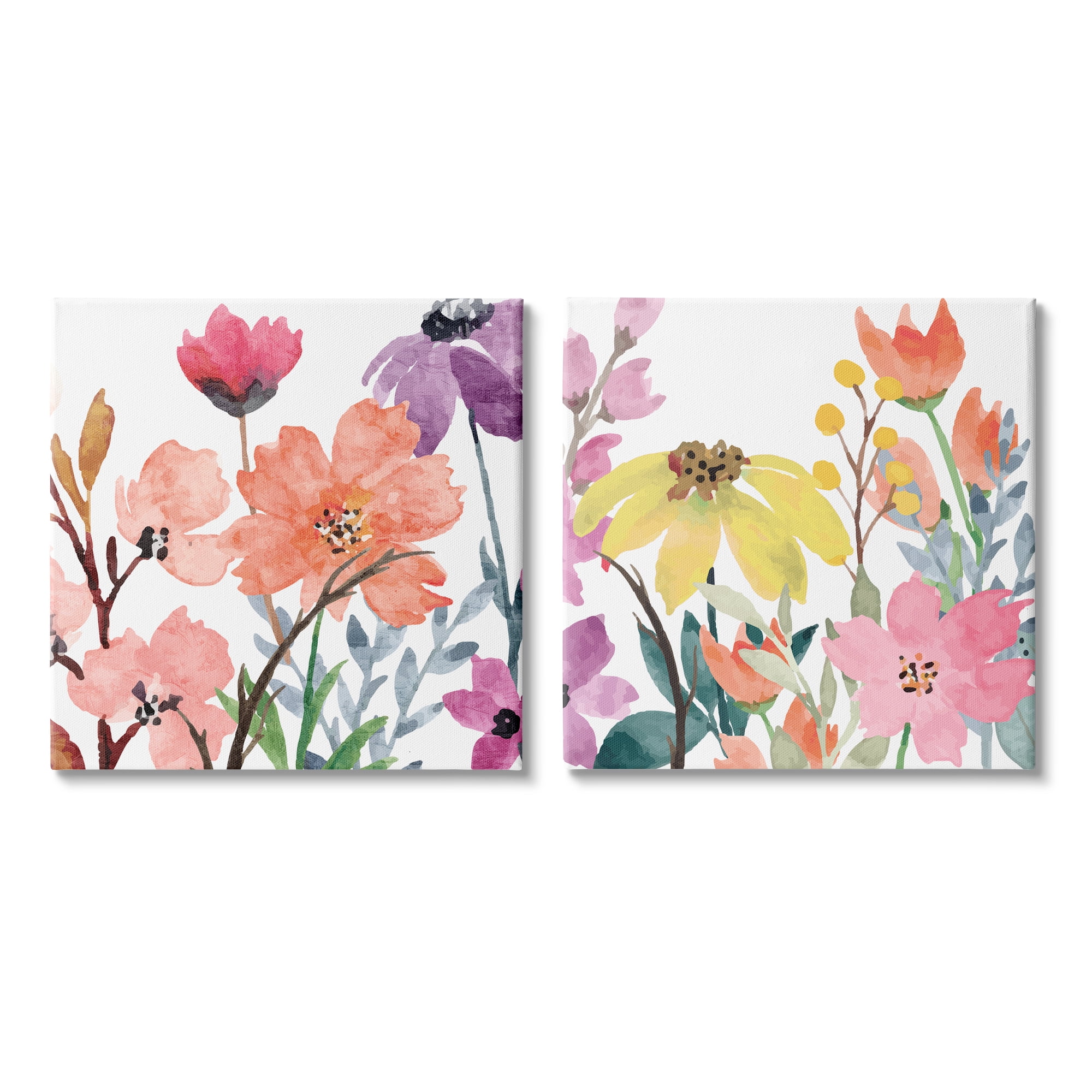 Stupell Industries Spring Florals on White Botanical & Floral Painting Gallery Wrapped Canvas Art Print Wall Art, 24 x 24, Set of 2
