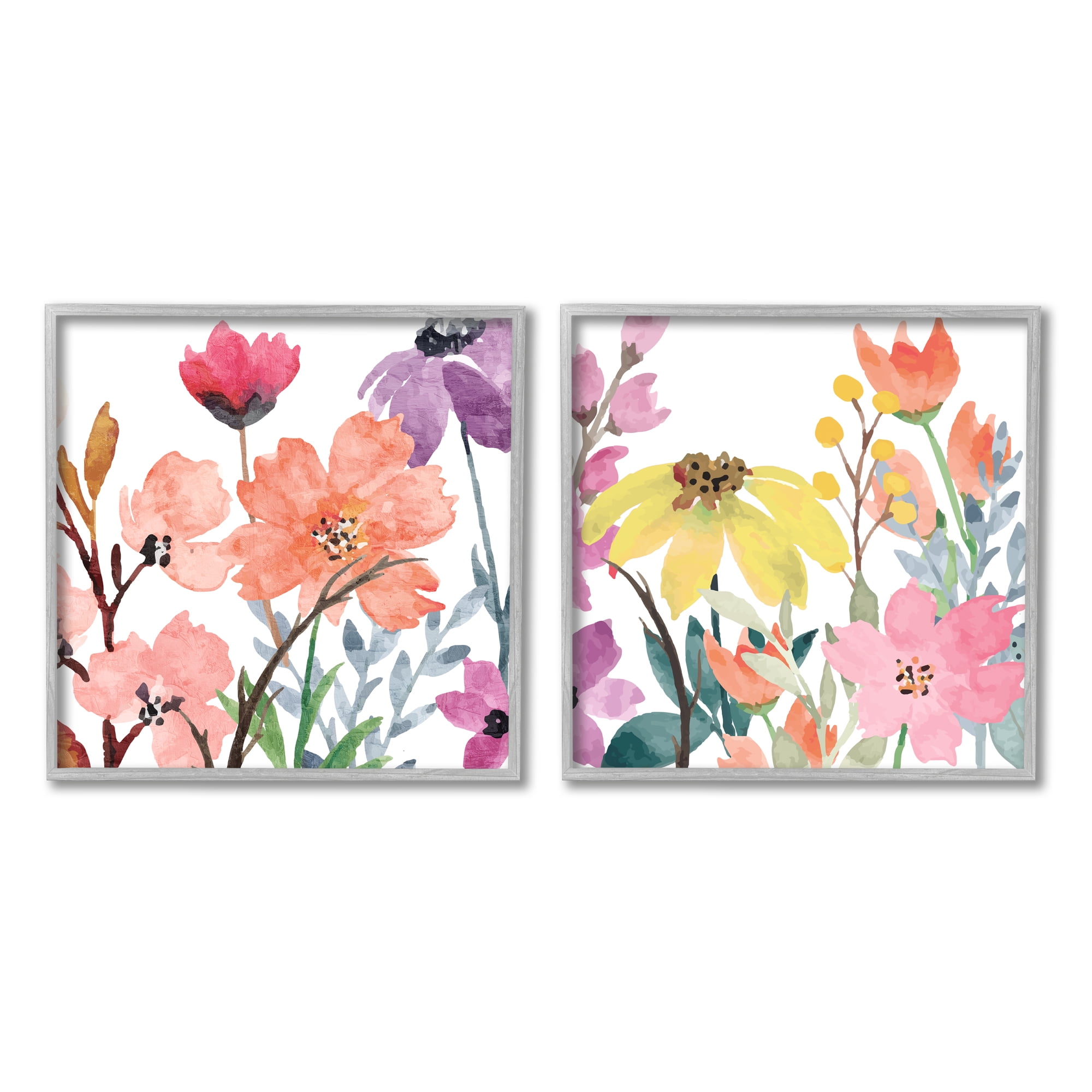 Stupell Industries Spring Florals on White Botanical & Floral Painting Gray Framed Art Print Wall Art, 24 x 24