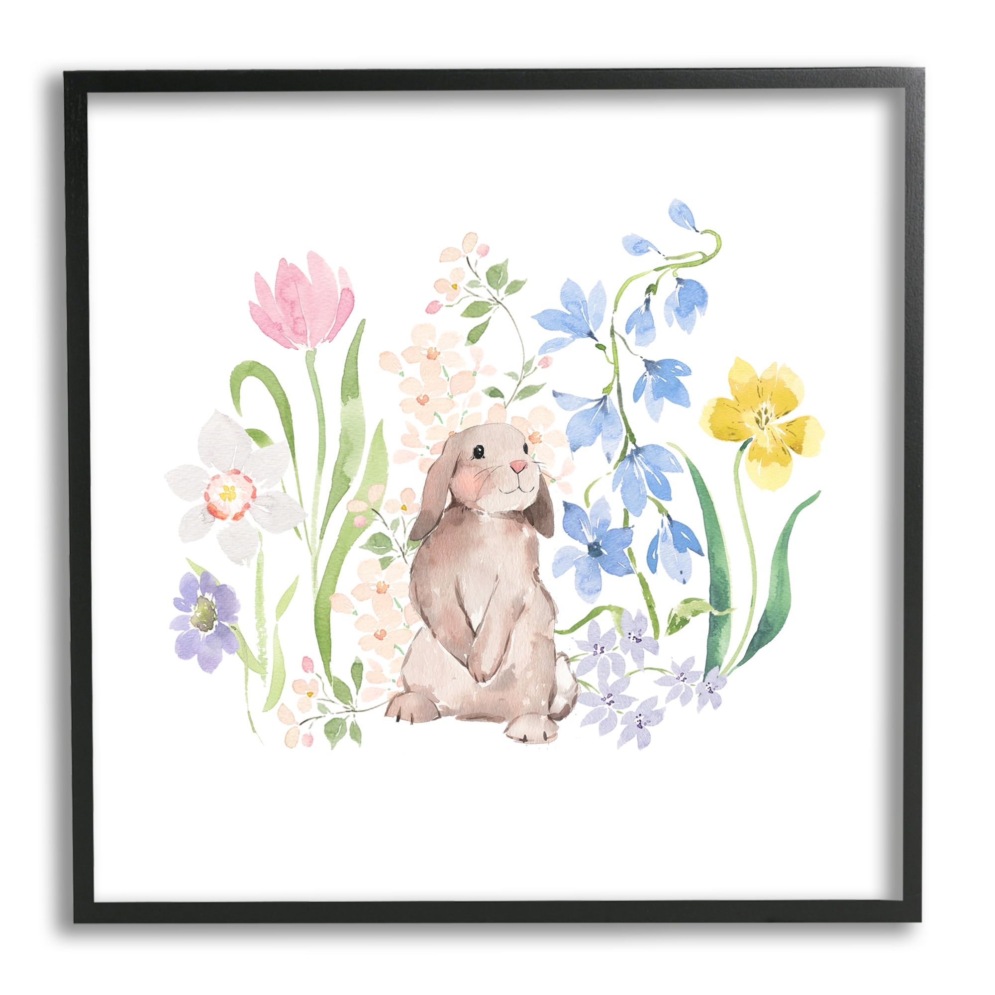 Stupell Industries Spring Flowers & Rabbit Animals & Insects Painting Black Framed Art Print Wall Art, 24 x 24