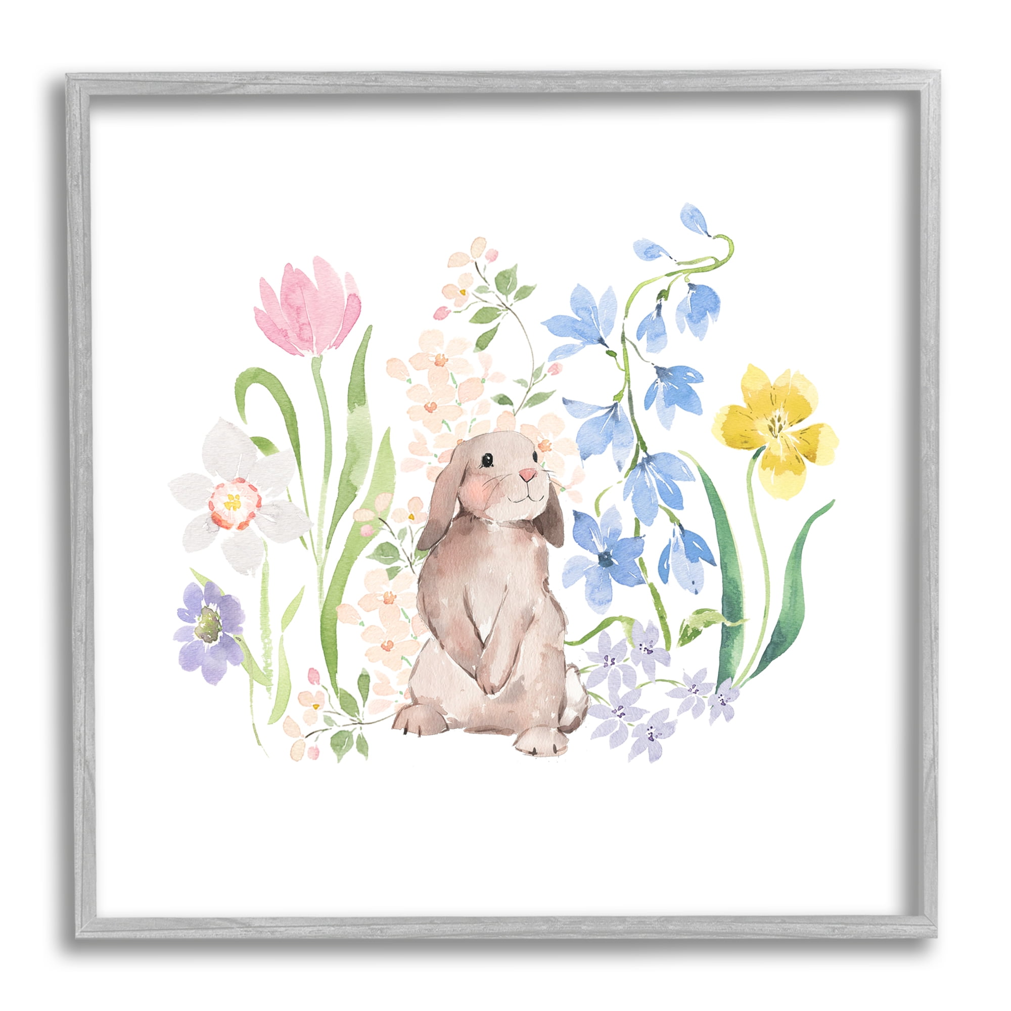 Stupell Industries Spring Flowers & Rabbit Animals & Insects Painting Gray Framed Art Print Wall Art, 12 x 12
