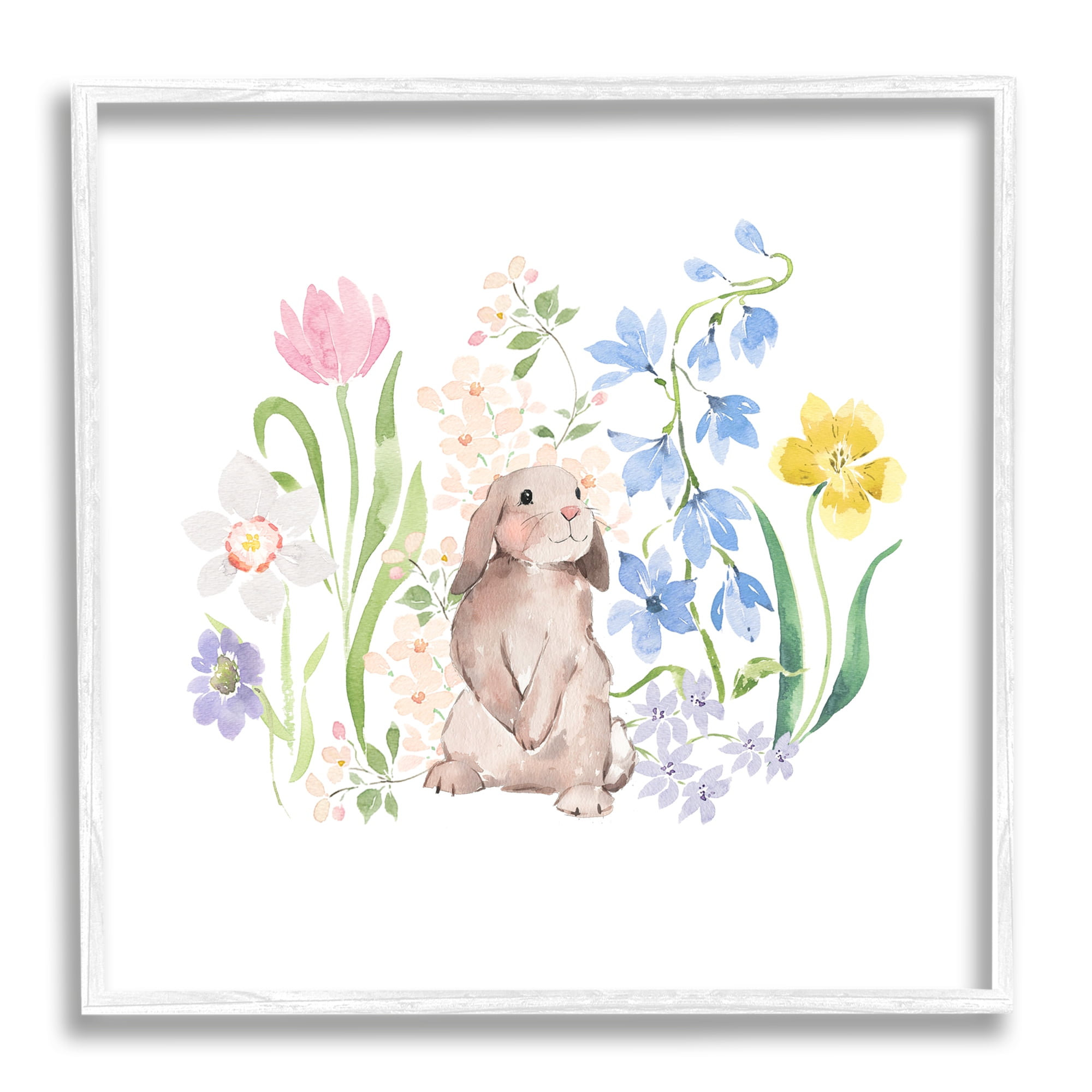 Stupell Industries Spring Flowers & Rabbit Animals & Insects Painting White Framed Art Print Wall Art, 12 x 12