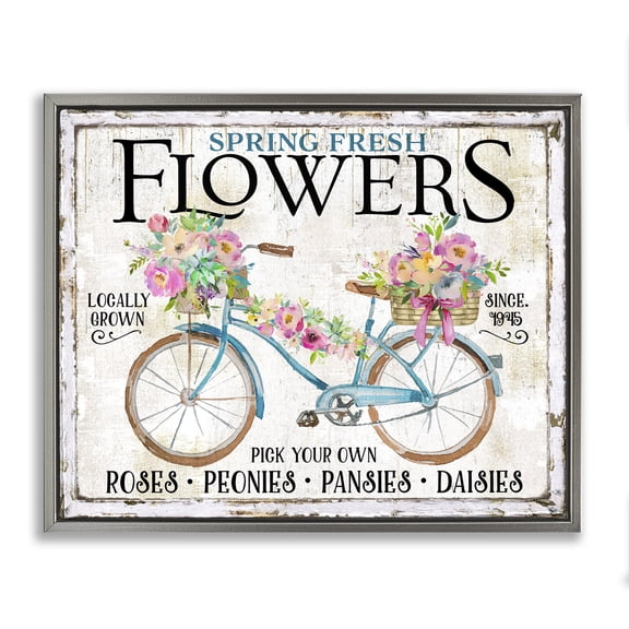 Stupell Industries Spring Fresh Flowers & Bike Transportation Painting Gray Floater Framed Canvas Art Print Wall Art, 21 x 17