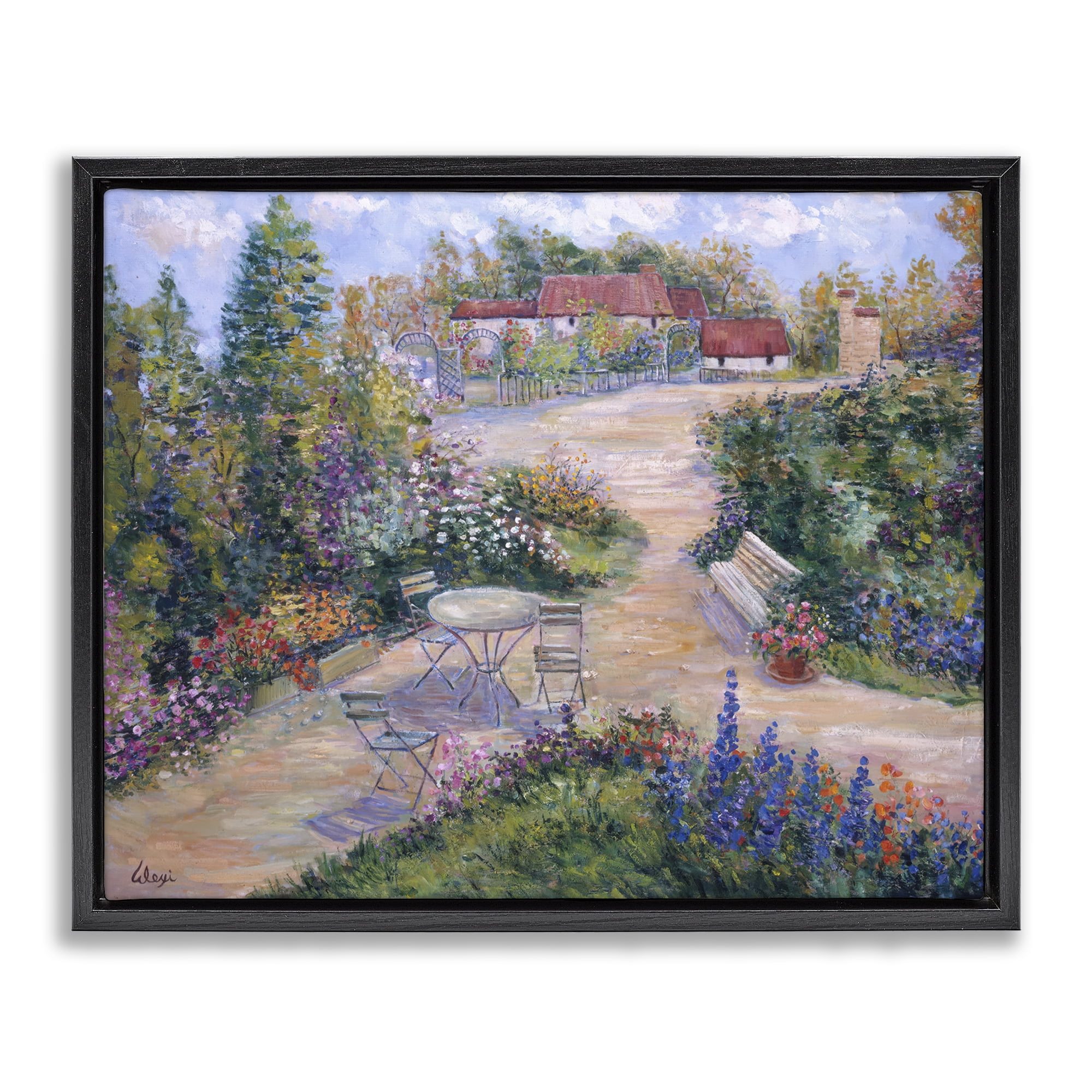 Stupell Industries Spring Garden Benches Landscape & Nature Painting Black Floater Framed Canvas Art Print Wall Art, 31 x 25