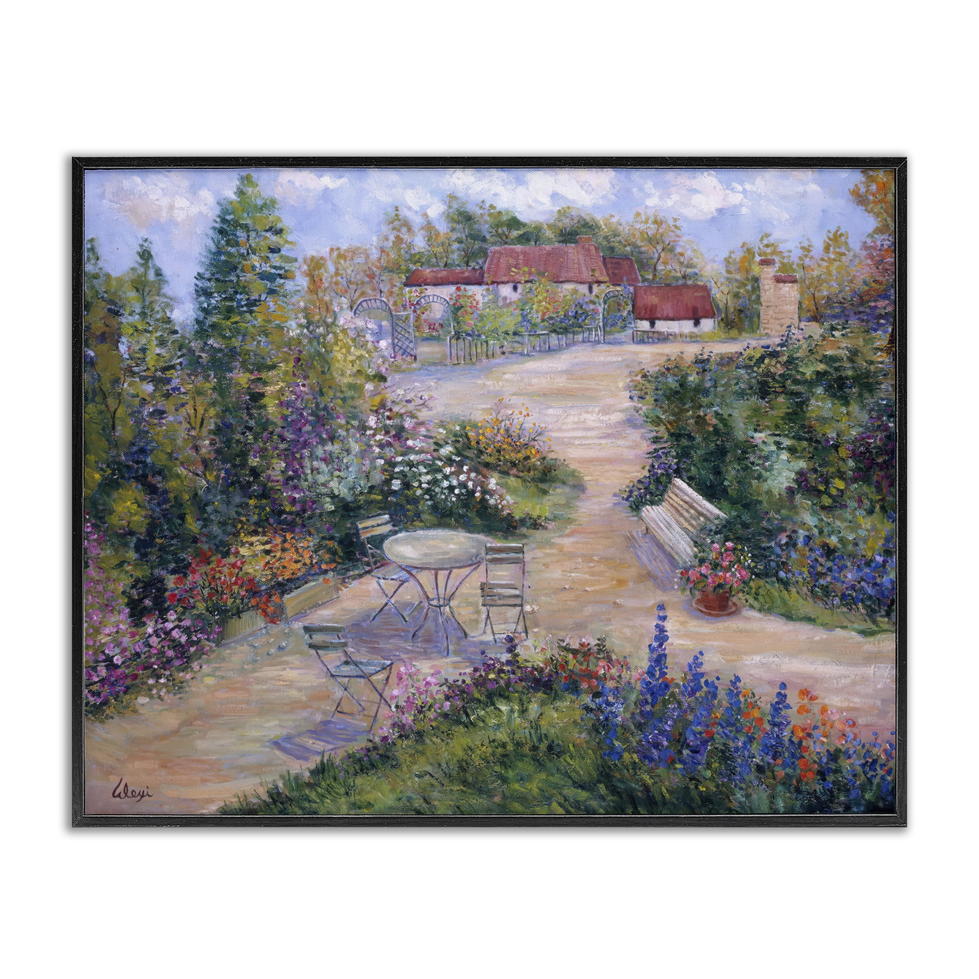 Stupell Industries Spring Garden Benches Landscape & Nature Painting Black Framed Art Print Wall Art, 14 x 11