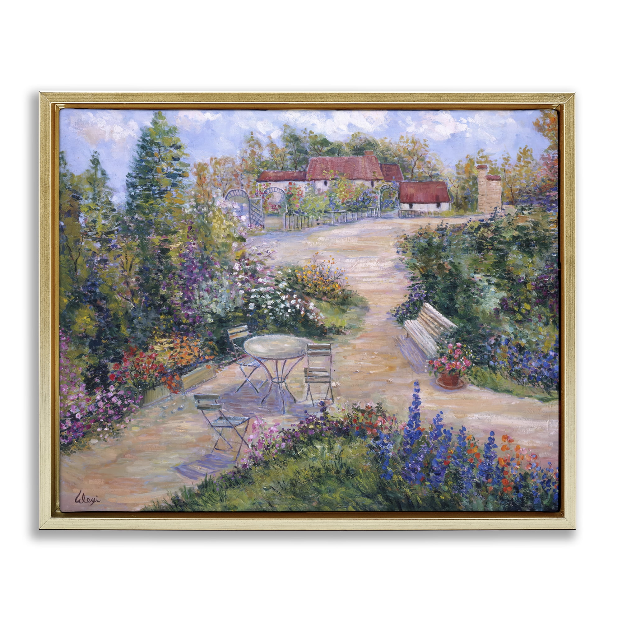 Stupell Industries Spring Garden Benches Landscape & Nature Painting Gold Floater Framed Canvas Art Print Wall Art, 21 x 17