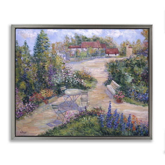 Stupell Industries Spring Garden Benches Landscape & Nature Painting Gray Floater Framed Canvas Art Print Wall Art, 21 x 17