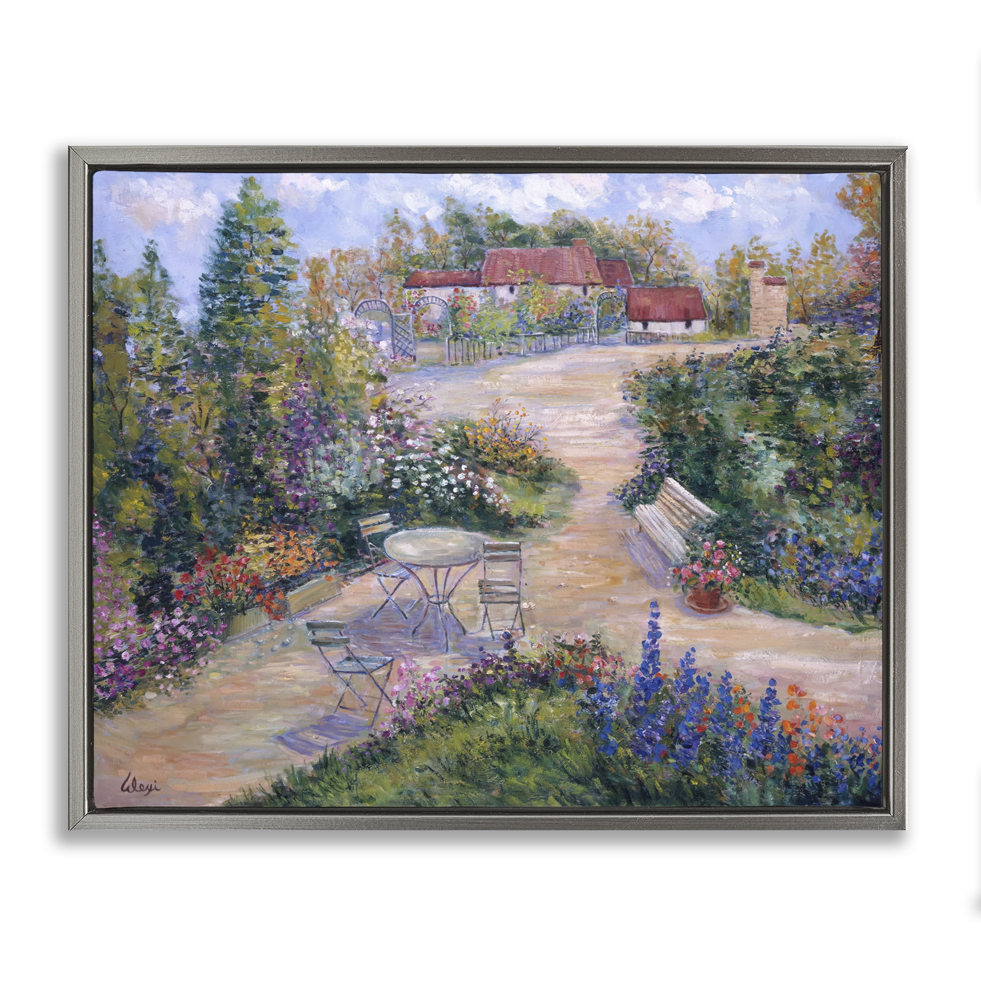 Stupell Industries Spring Garden Benches Landscape & Nature Painting Gray Floater Framed Canvas Art Print Wall Art, 31 x 25