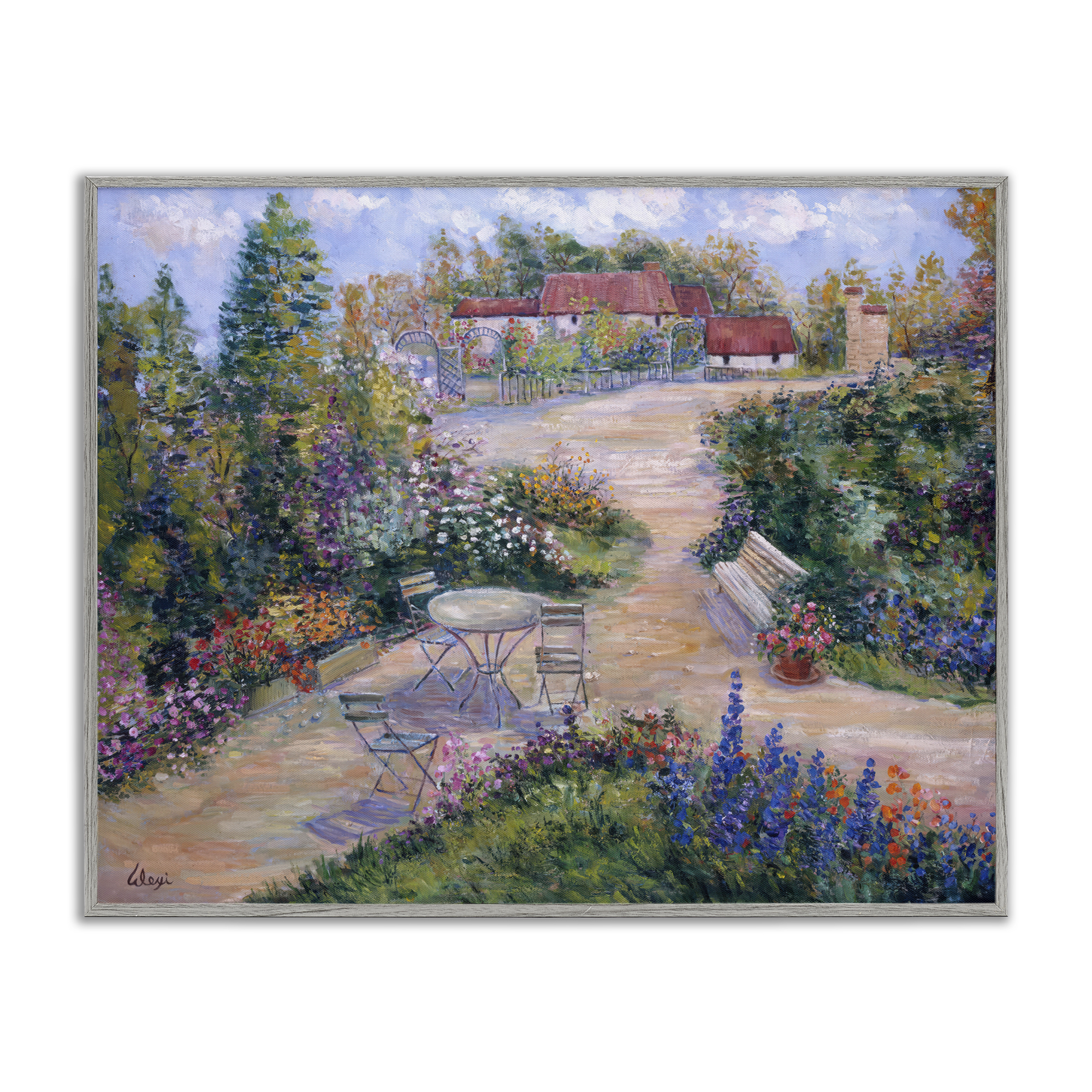 Stupell Industries Spring Garden Benches Landscape & Nature Painting Gray Framed Art Print Wall Art, 20 x 16