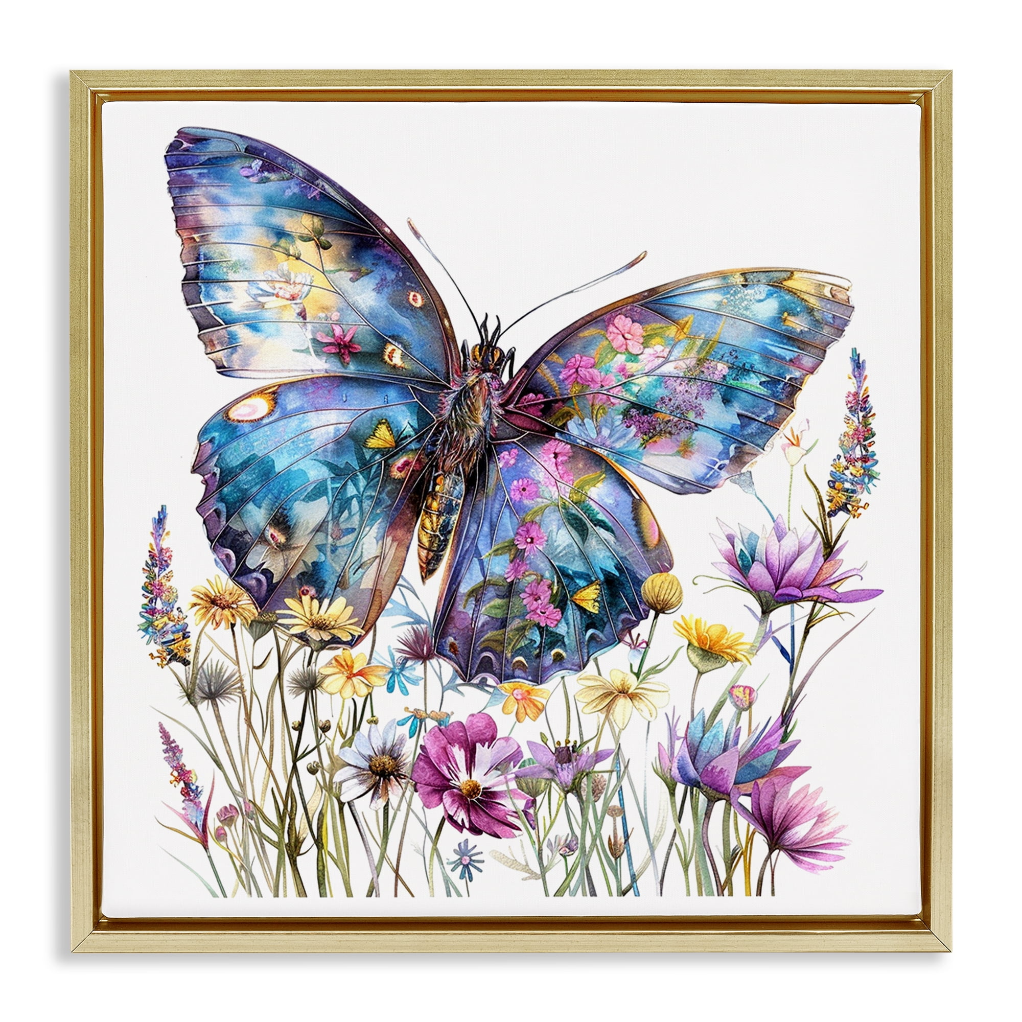 Stupell Industries Spring Garden Butterfly Insects Painting Gold Floater Framed Canvas Art Print Wall Art, 18 x 18