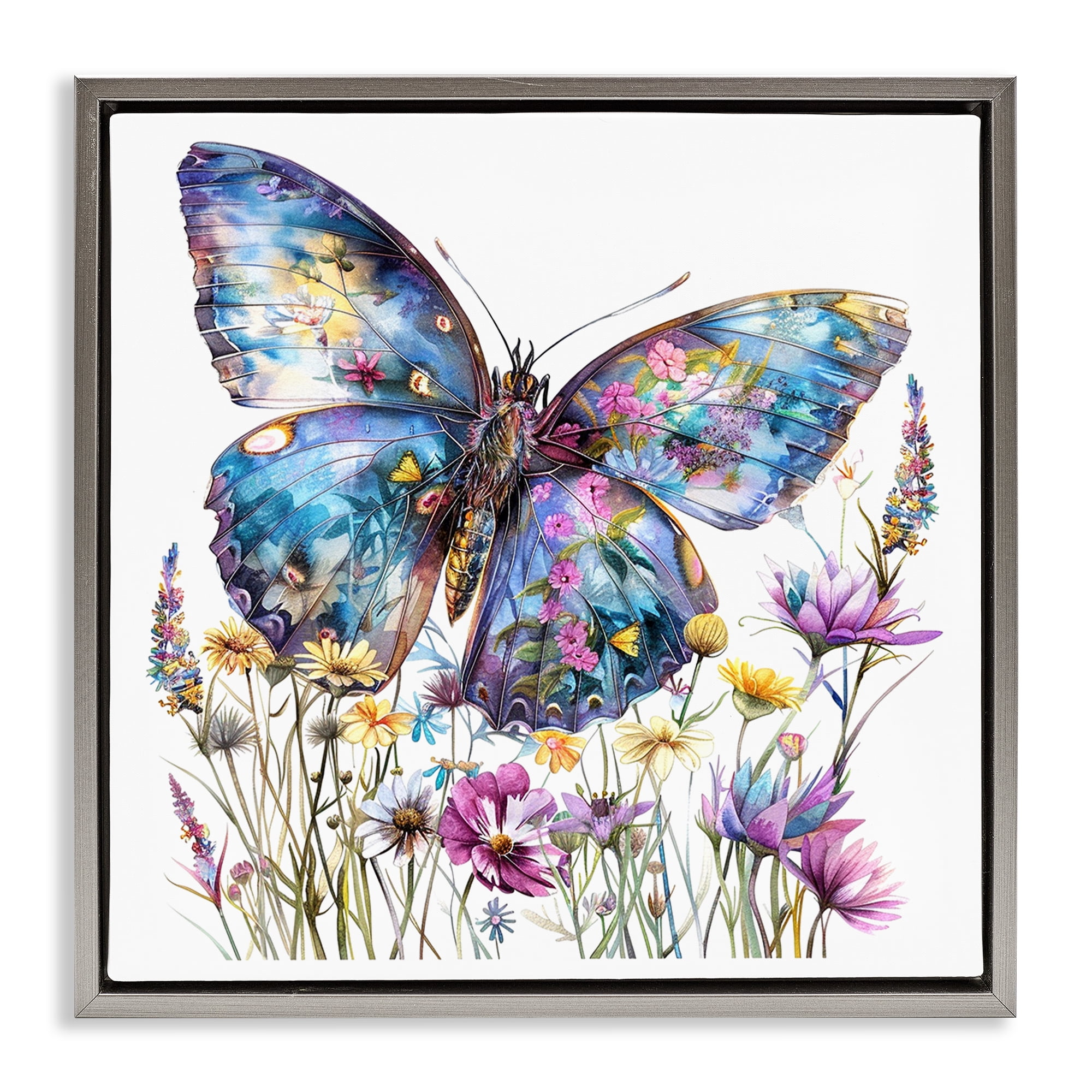 Stupell Industries Spring Garden Butterfly Insects Painting Gray Floater Framed Canvas Art Print Wall Art, 18 x 18