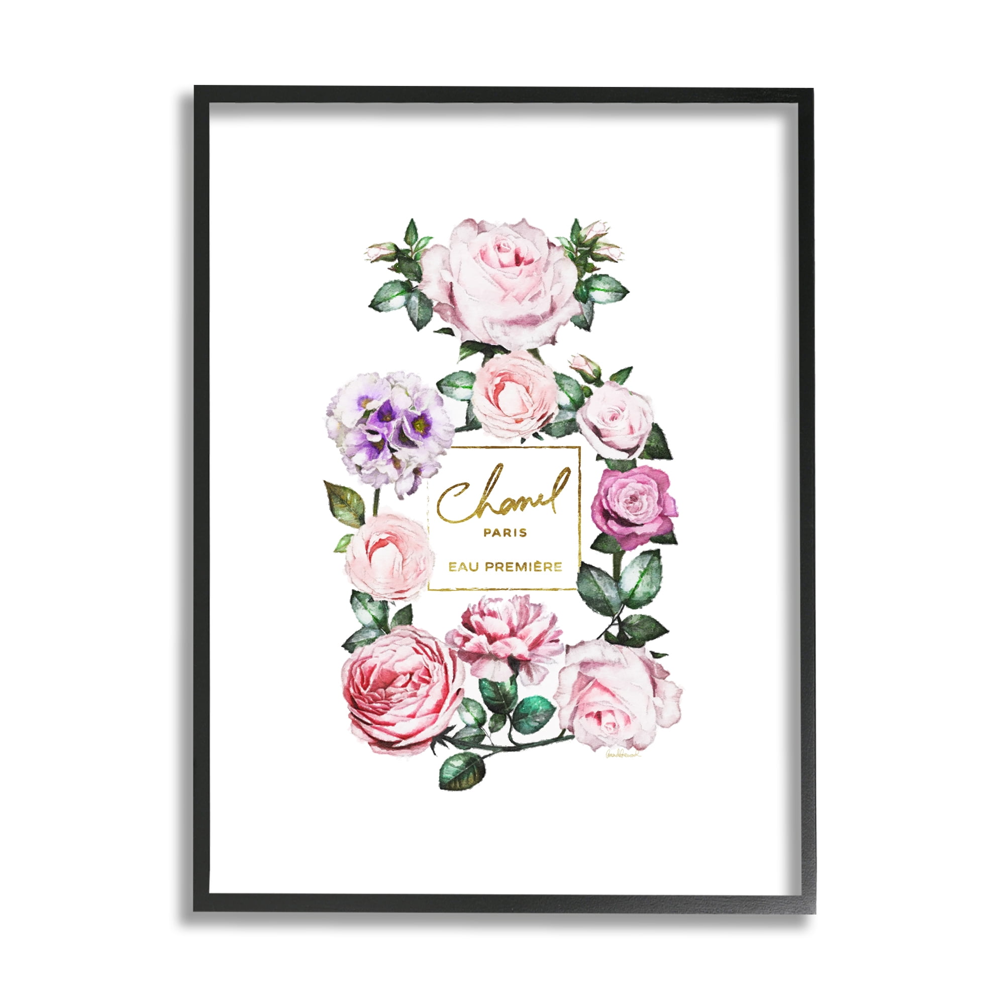 Stupell Industries Spring Garden Rose Florals Glam Perfume Bottle Botanical & Floral Painting Black Framed Art Print Wall Art, 11 x 14