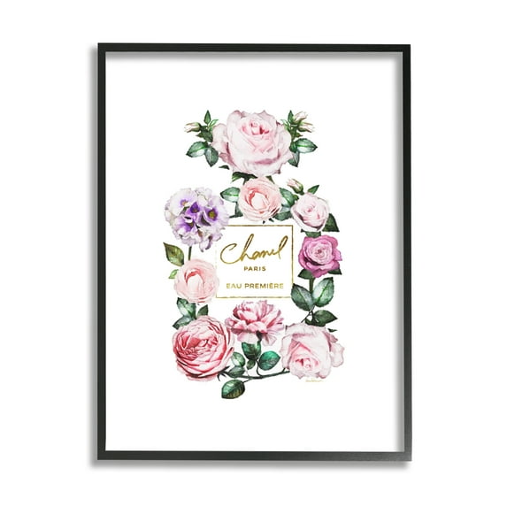 Stupell Industries Spring Garden Rose Florals Glam Perfume Bottle Botanical & Floral Painting Black Framed Art Print Wall Art, 24 x 30