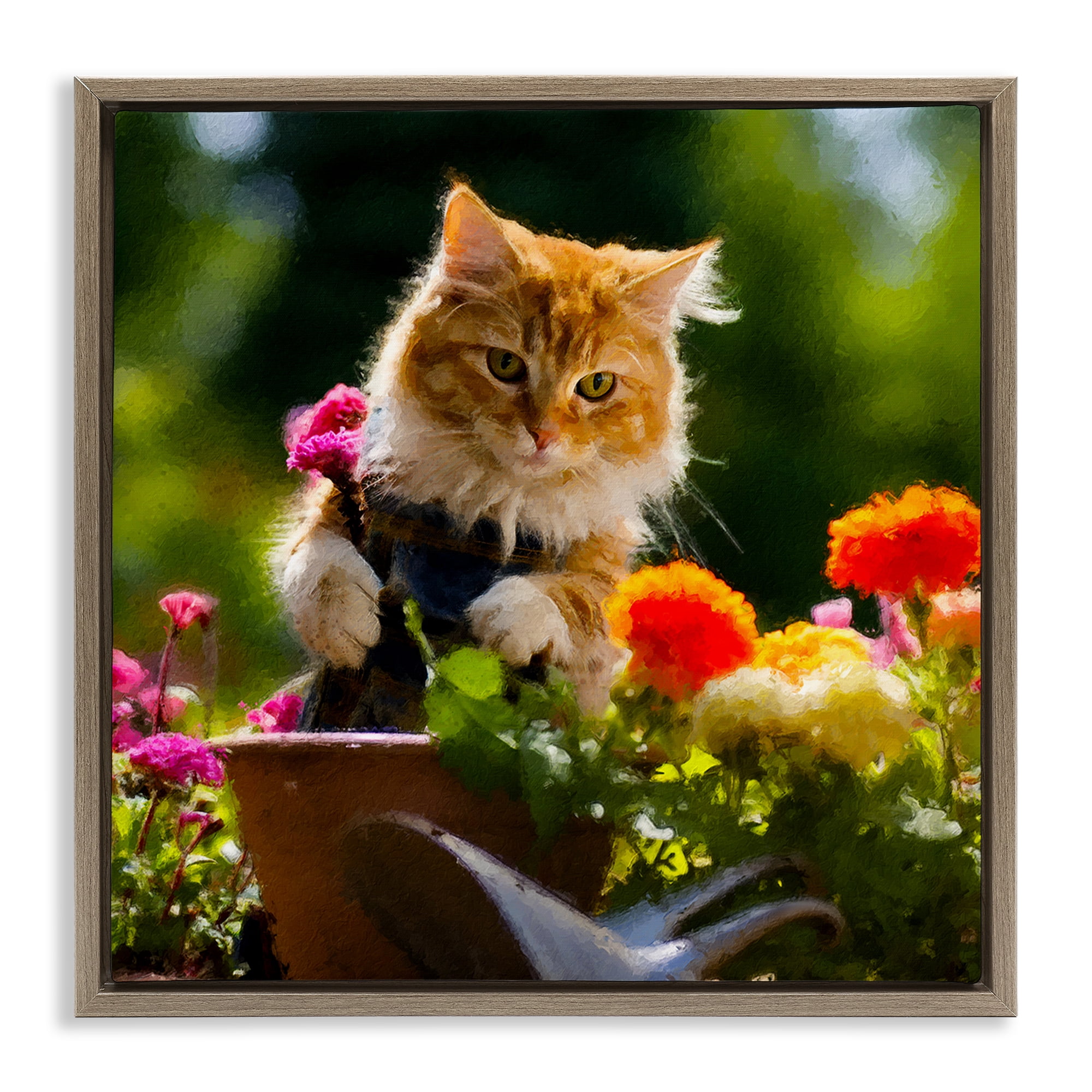 Stupell Industries Spring Gardener Kitten Animals & Insects Painting Brown Floater Framed Canvas Art Print Wall Art, 25 x 25
