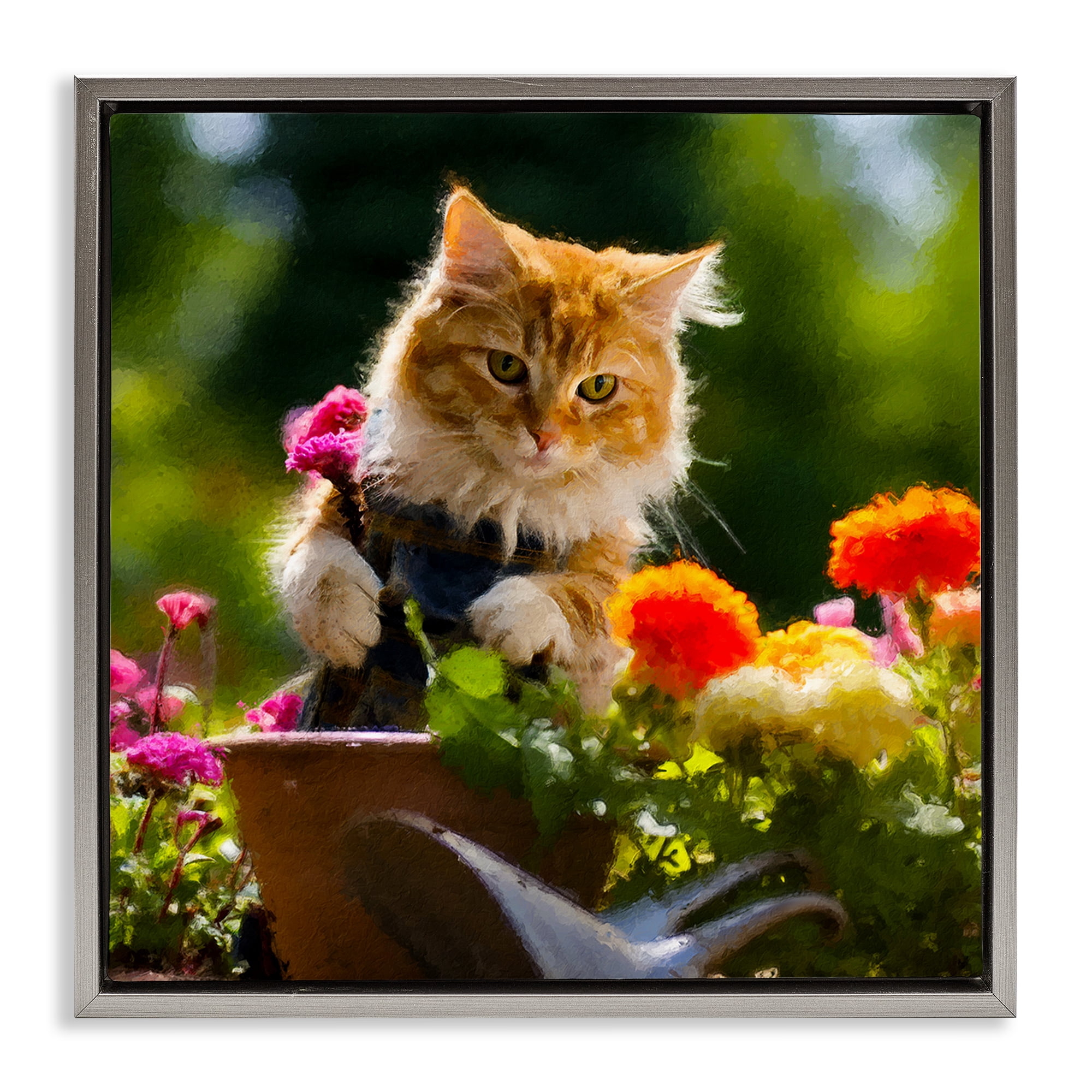 Stupell Industries Spring Gardener Kitten Animals & Insects Painting Gray Floater Framed Canvas Art Print Wall Art, 25 x 25
