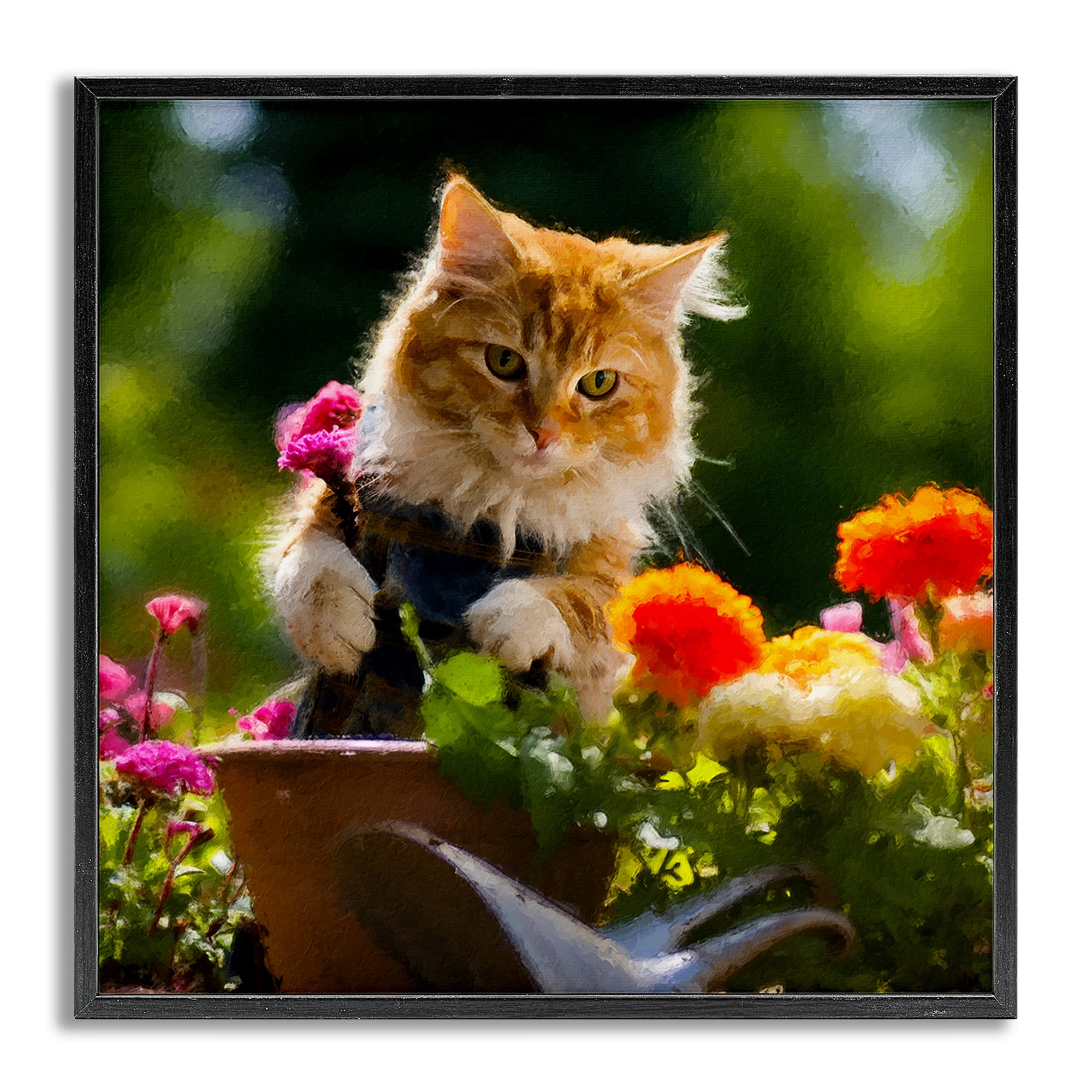 Stupell Industries Spring Gardener Kitten Animals & Insects Painting Gray Framed Art Print Wall Art, 24 x 24