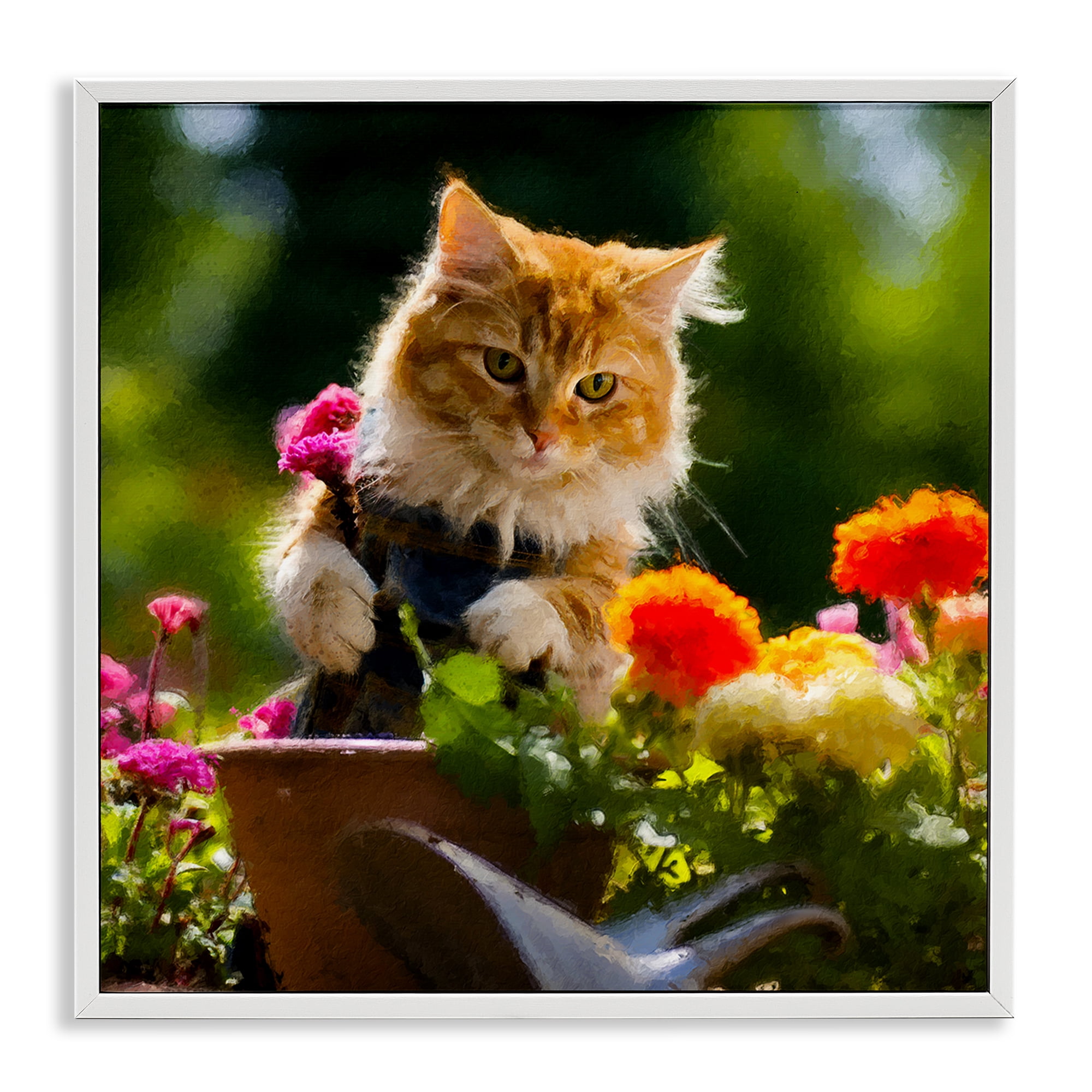 Stupell Industries Spring Gardener Kitten Animals & Insects Painting White Framed Art Print Wall Art, 17 x 17