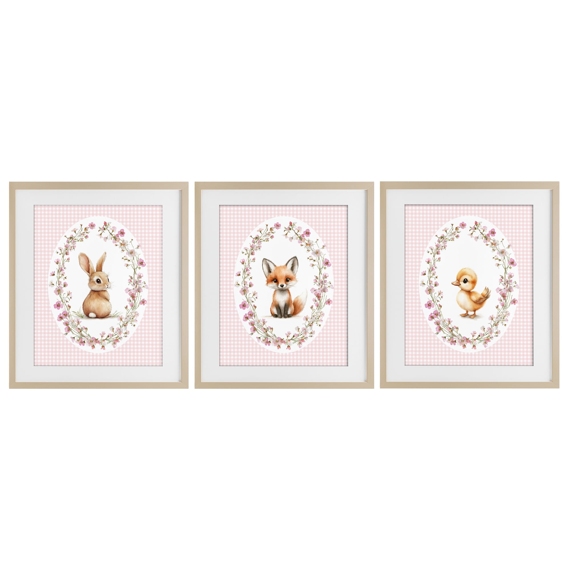 Stupell Industries Spring Gingham Animals 3 Piece Birch Framed Print Under Glass Set, design by Christine Simpson Art