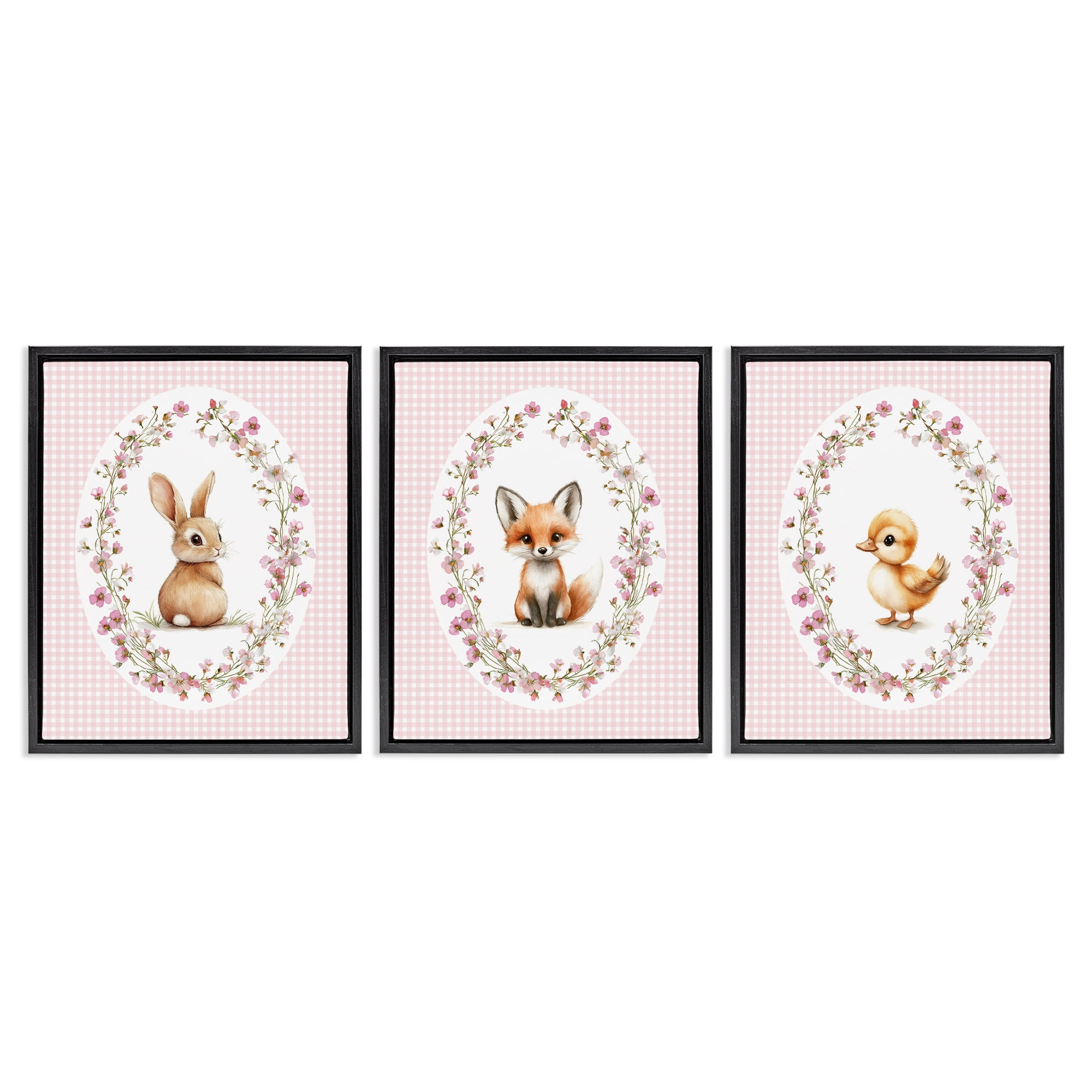 Stupell Industries Spring Gingham Animals 3 Piece Black Framed Floater Canvas Set, design by Christine Simpson Art