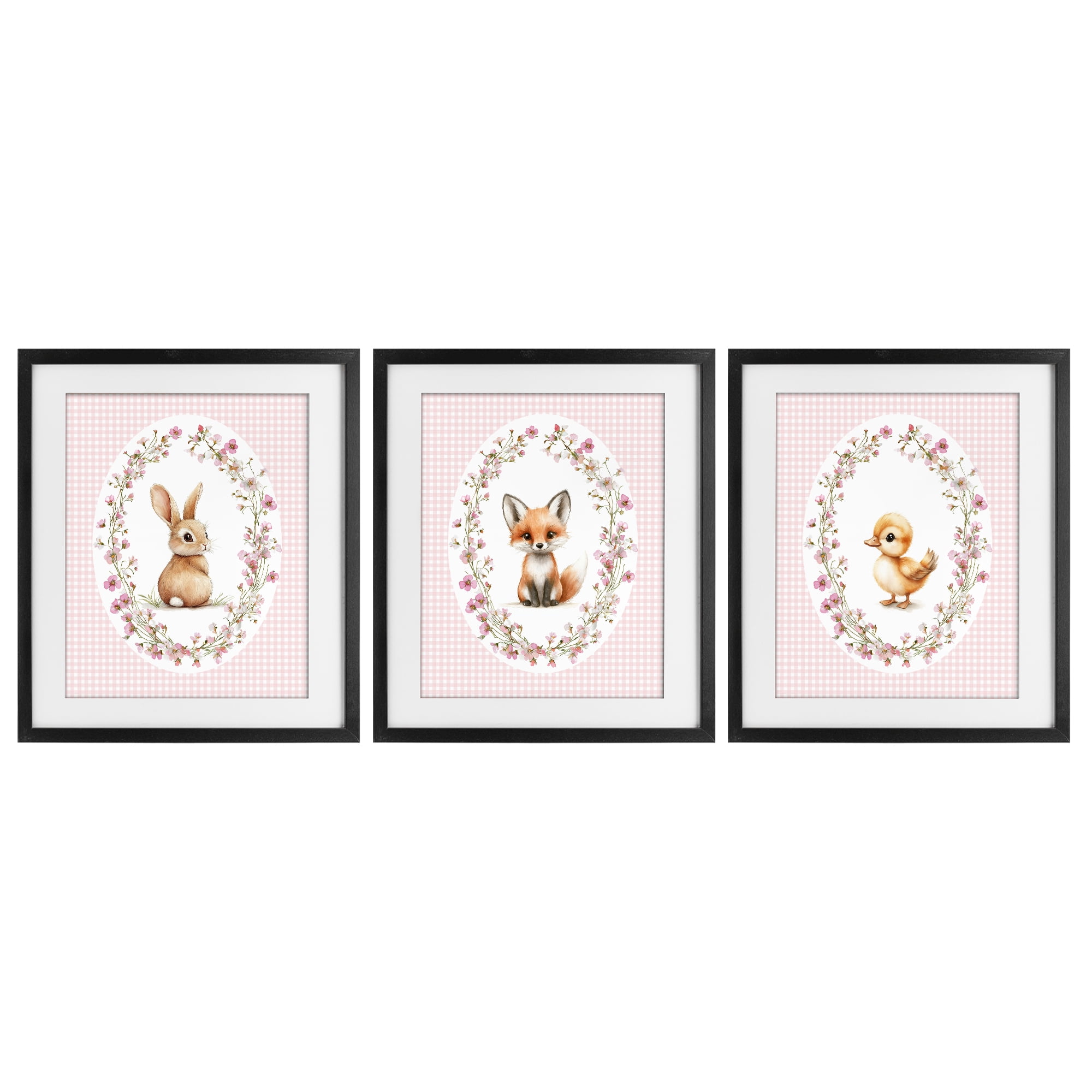 Stupell Industries Spring Gingham Animals 3 Piece Black Framed Print Under Glass Set, design by Christine Simpson Art