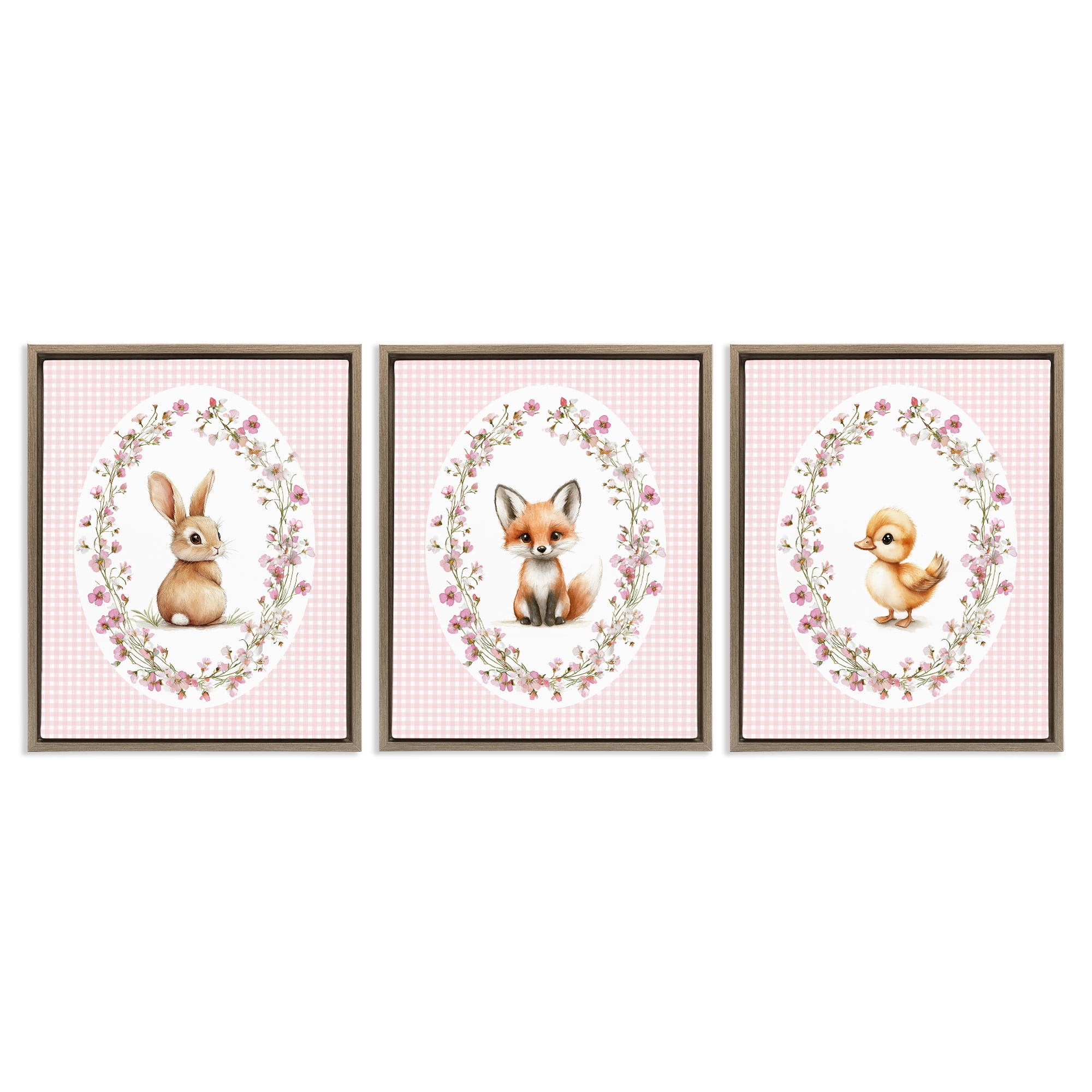 Stupell Industries Spring Gingham Animals 3 Piece Brown Framed Floater Canvas Set, design by Christine Simpson Art