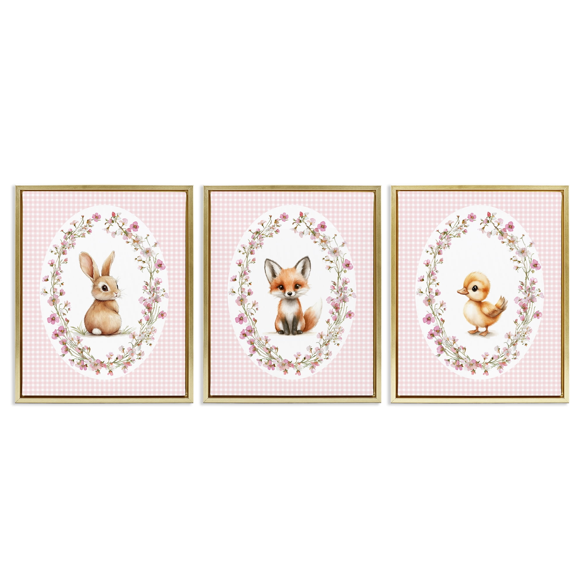 Stupell Industries Spring Gingham Animals 3 Piece Gold Framed Floater Canvas Set, design by Christine Simpson Art