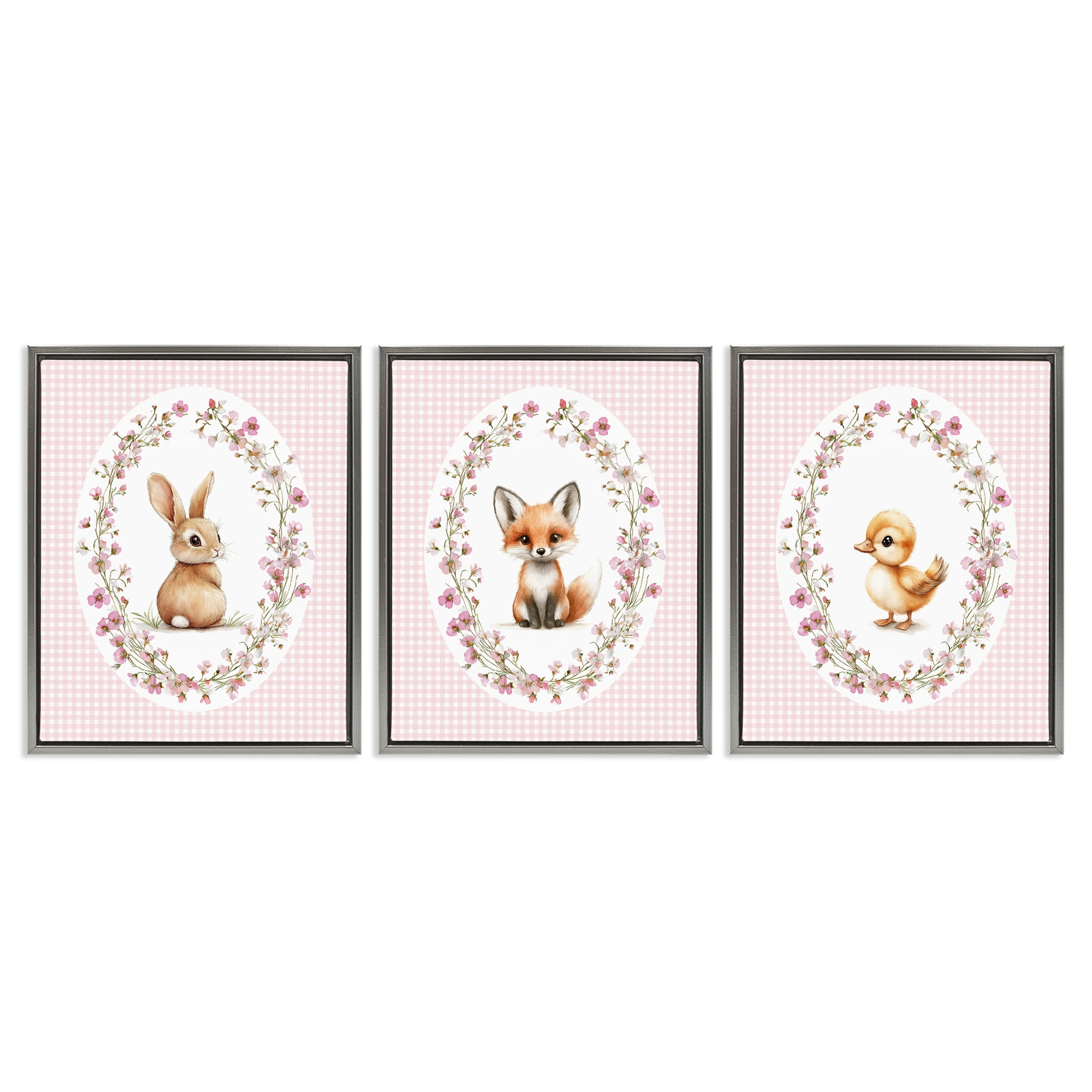 Stupell Industries Spring Gingham Animals 3 Piece Gray Framed Floater Canvas Set, design by Christine Simpson Art