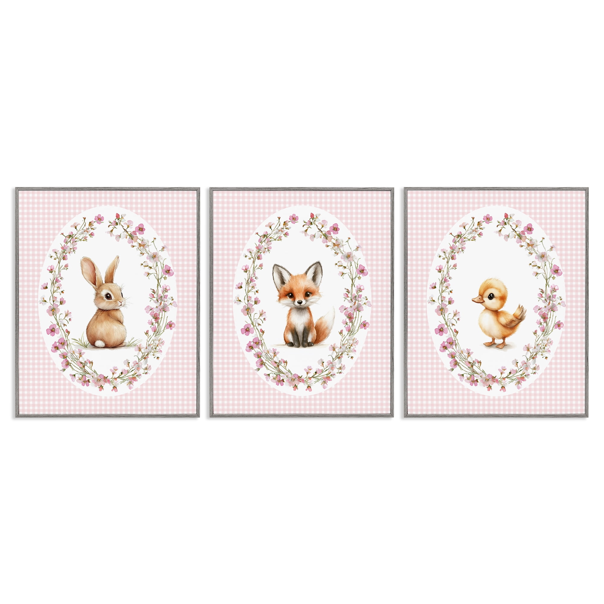 Stupell Industries Spring Gingham Animals 3 Piece Gray Framed Giclee Art Set, design by Christine Simpson Art