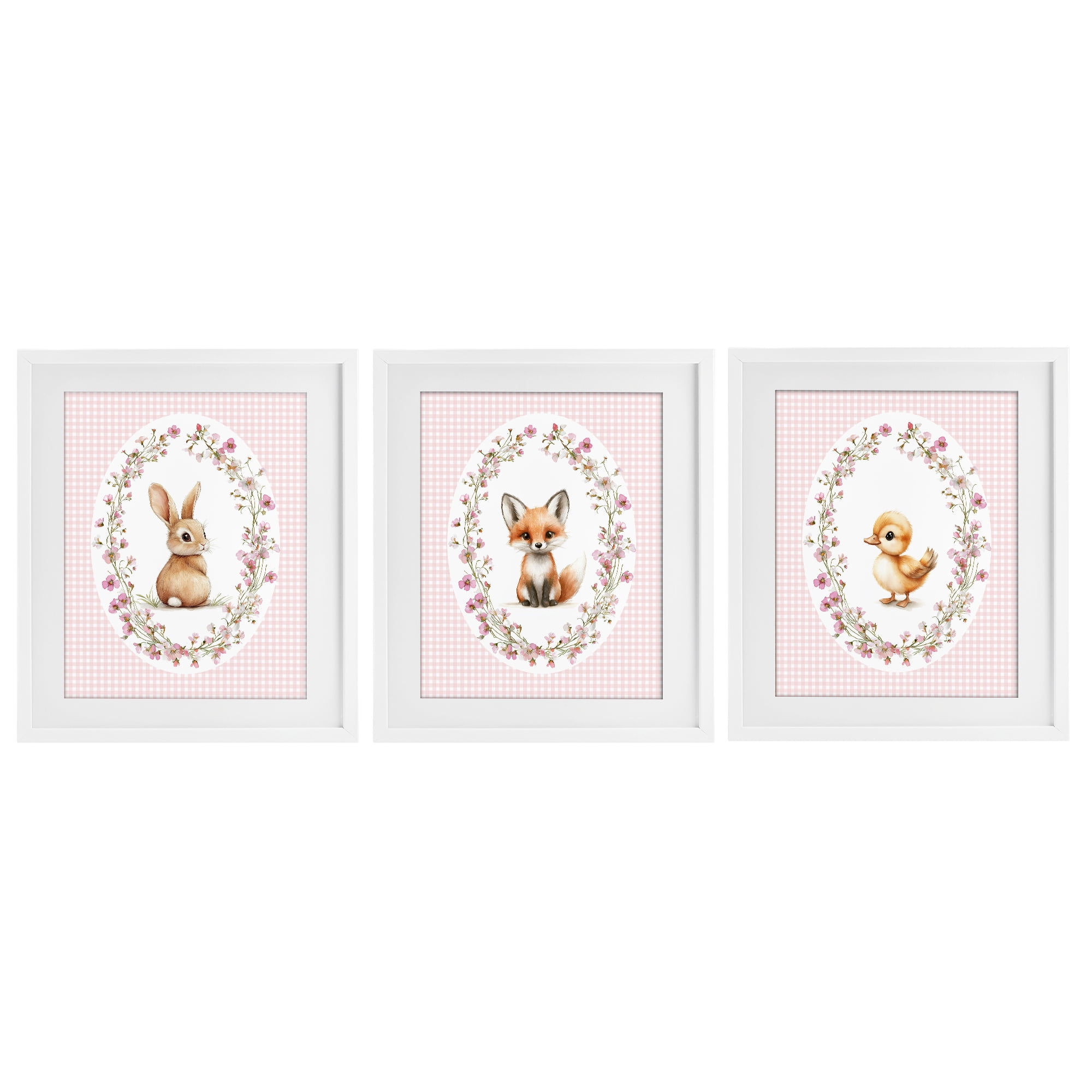 Stupell Industries Spring Gingham Animals 3 Piece White Framed Print Under Glass Set, design by Christine Simpson Art