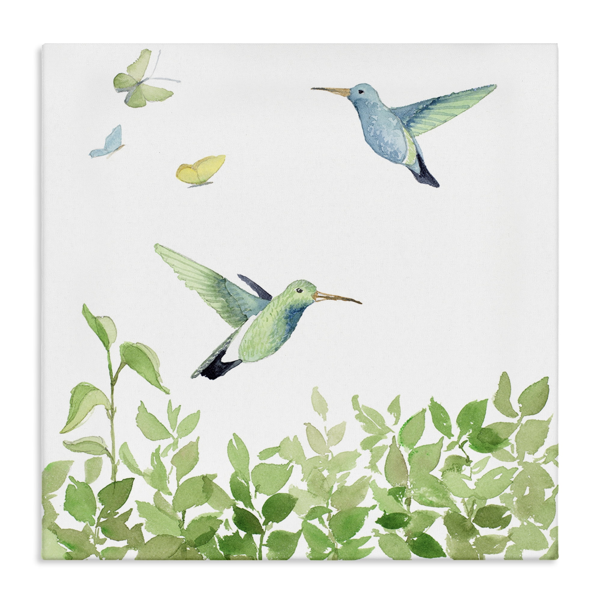 Spring Hummingbirds Scene Green and Blue Canvas Wall Art, 17 x 17