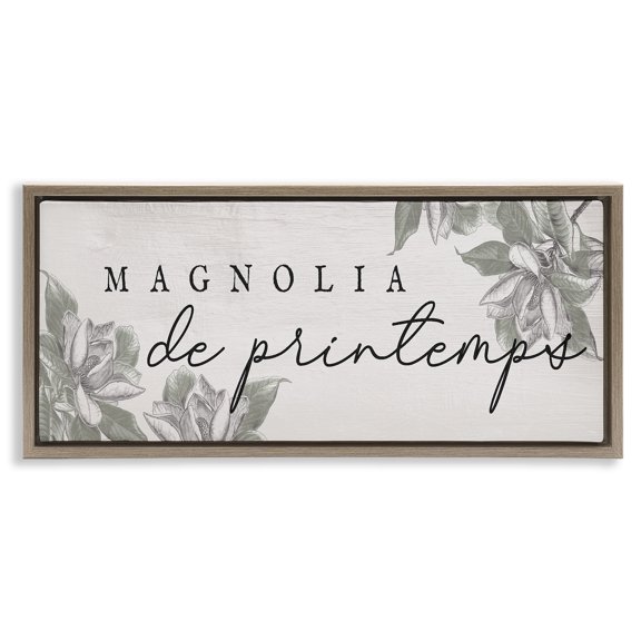 Stupell Industries Spring Magnolia French Phrase Brown Framed Floater Canvas Wall Art design by Lil' Rue, 14 x 31