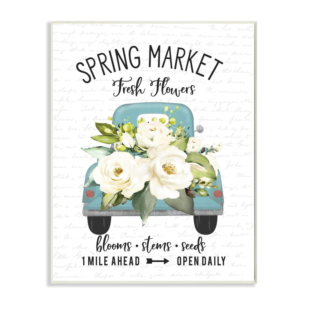 Spring Market Truck with Flowers Off-White Wood Wall Art