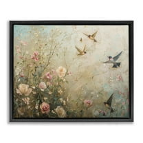 Stupell Industries Spring Meadow Birds Plants & Flowers Painting Black Floater Framed Canvas Art Print Wall Art, 21 x 17