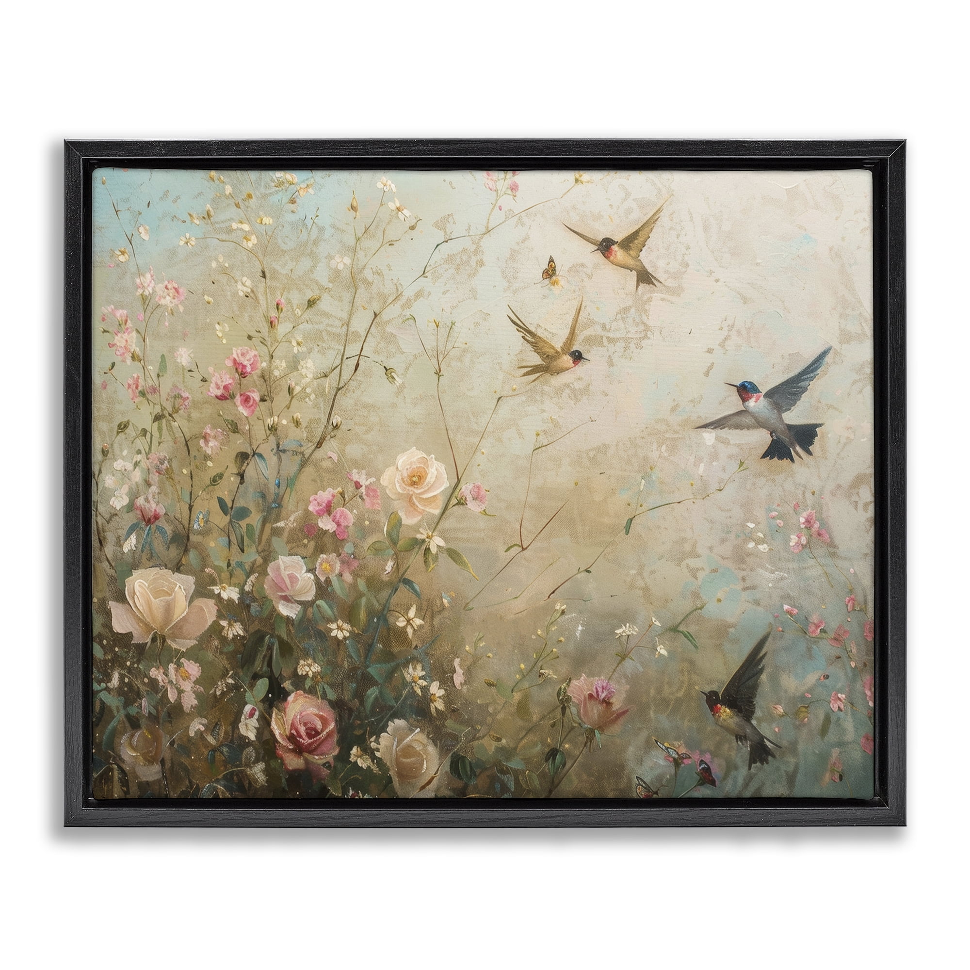 Stupell Industries Spring Meadow Birds Plants & Flowers Painting Black Floater Framed Canvas Art Print Wall Art, 31 x 25