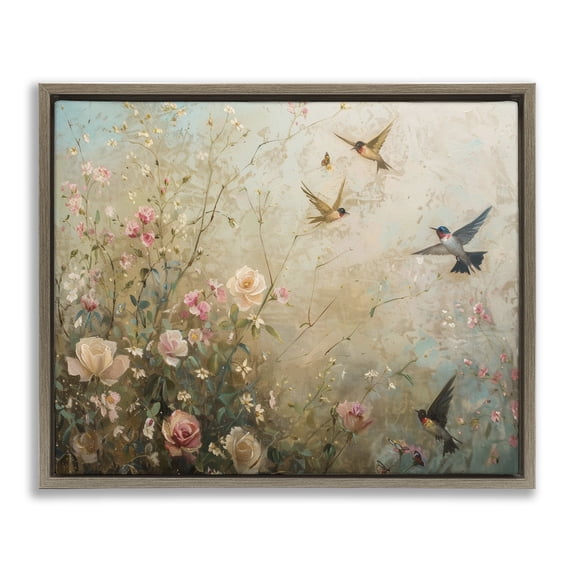 Stupell Industries French Country Spring Meadow Birds Brown Floating Frame Canvas Art, 31 x 25, by Arlington Prints