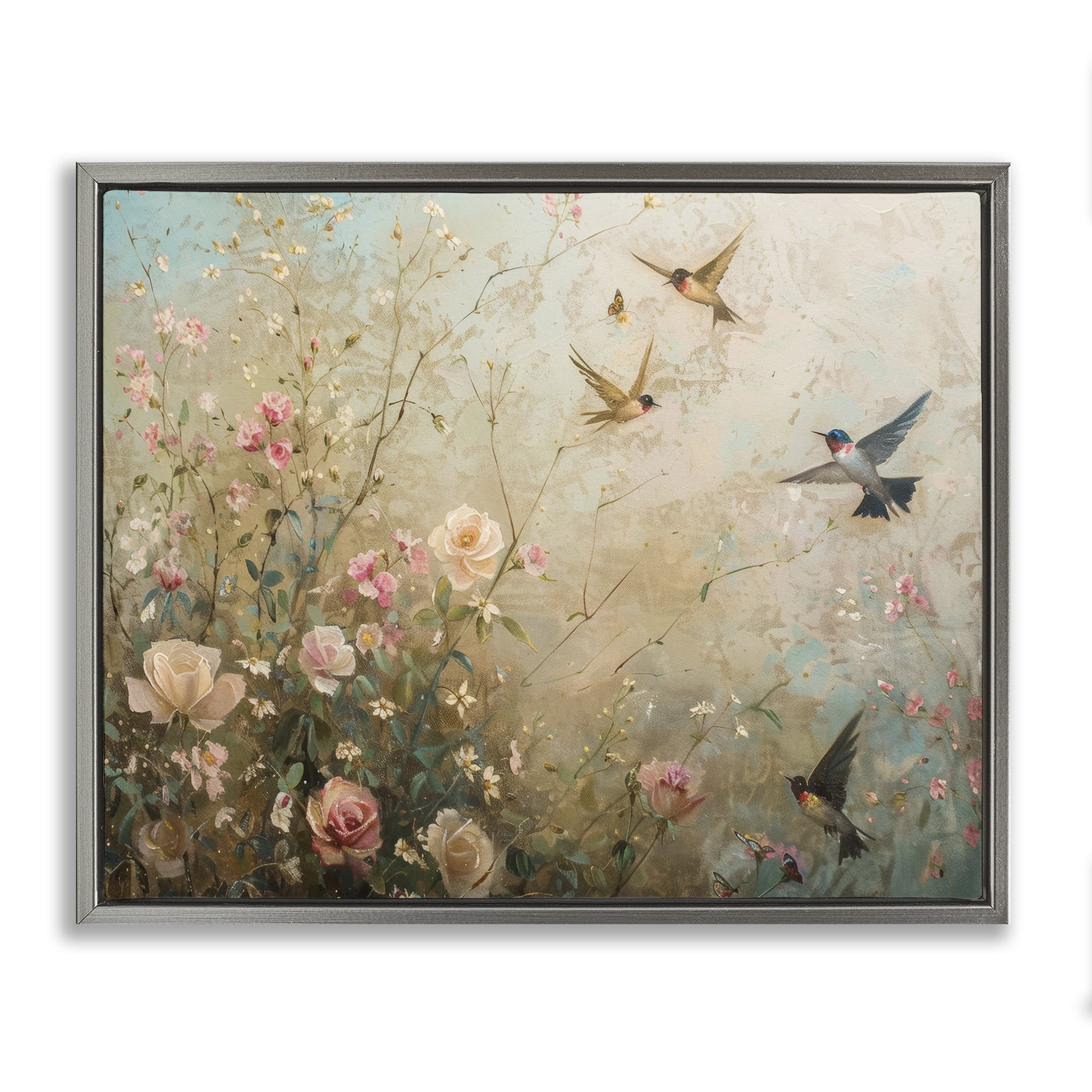 Stupell Industries Spring Meadow Birds Plants & Flowers Painting Gray Floater Framed Canvas Art Print Wall Art, 31 x 25
