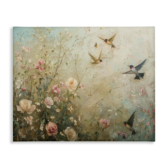 Stupell Industries Spring Meadow Birds Plants & Flowers Painting Wrapped Canvas Art Print Wall Art, 40 x 30
