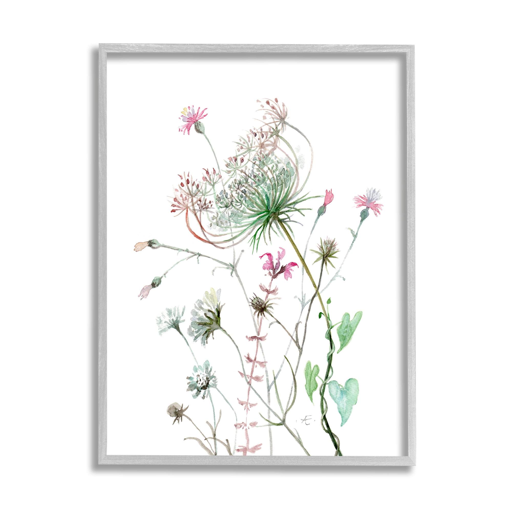Stupell Industries Spring Meadow Florals Blooming Pink Cottage Wildflowers Botanical & Floral Painting Gray Framed Art Print Wall Art, 24 x 30