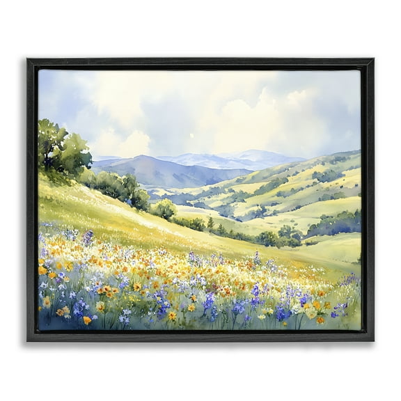 Stupell Industries Spring Meadow with Distant Mountain Landscape & Nature Painting Black Floater Framed Canvas Art Print Wall Art, 21 x 17