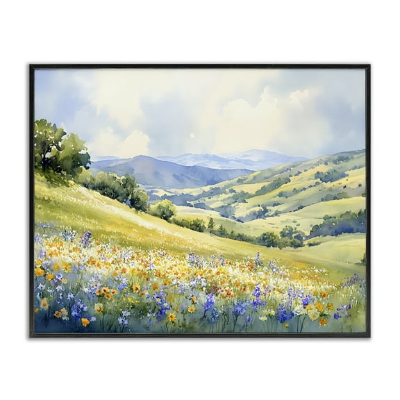 Stupell Industries Spring Meadow with Distant Mountain Landscape & Nature Painting Black Framed Art Print Wall Art, 20 x 16