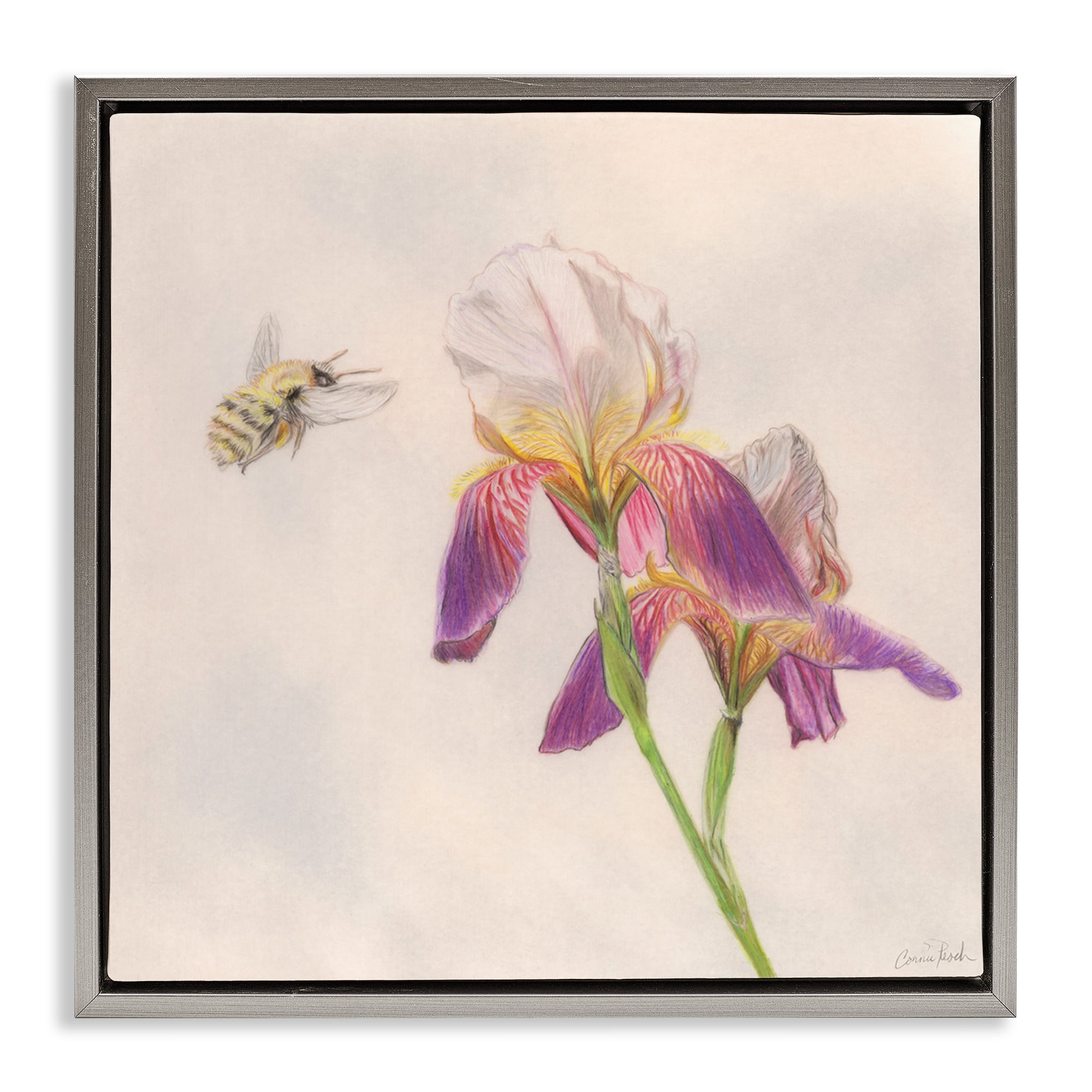 Stupell Industries Spring Offerings Bee Animals & Insects Painting Gray Floater Framed Canvas Art Print Wall Art, 18 x 18