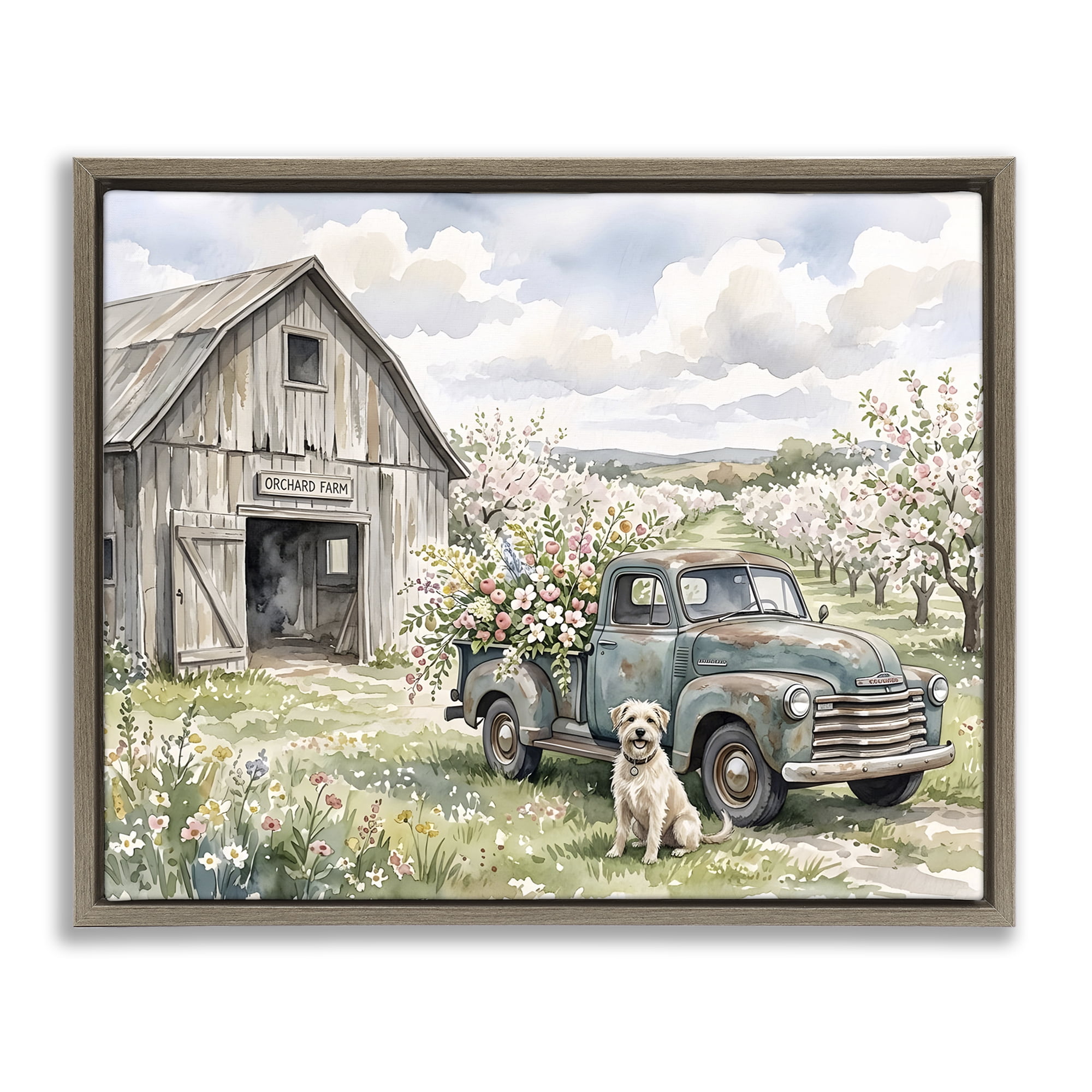 Stupell Industries Spring Orchard and Truck Brown Framed Floater Canvas Wall Art, design by Tabz Jones