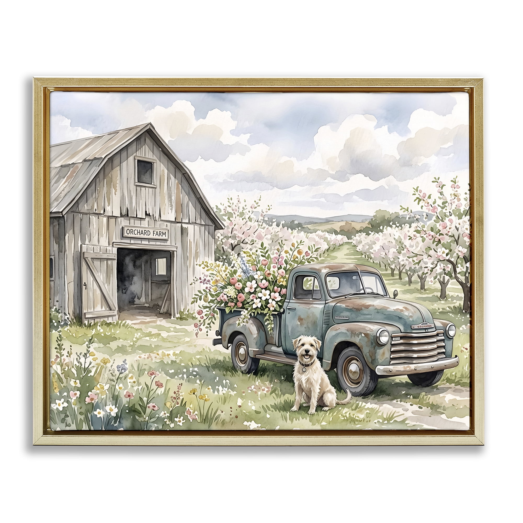 Stupell Industries Spring Orchard and Truck Gold Framed Floater Canvas Wall Art, design by Tabz Jones