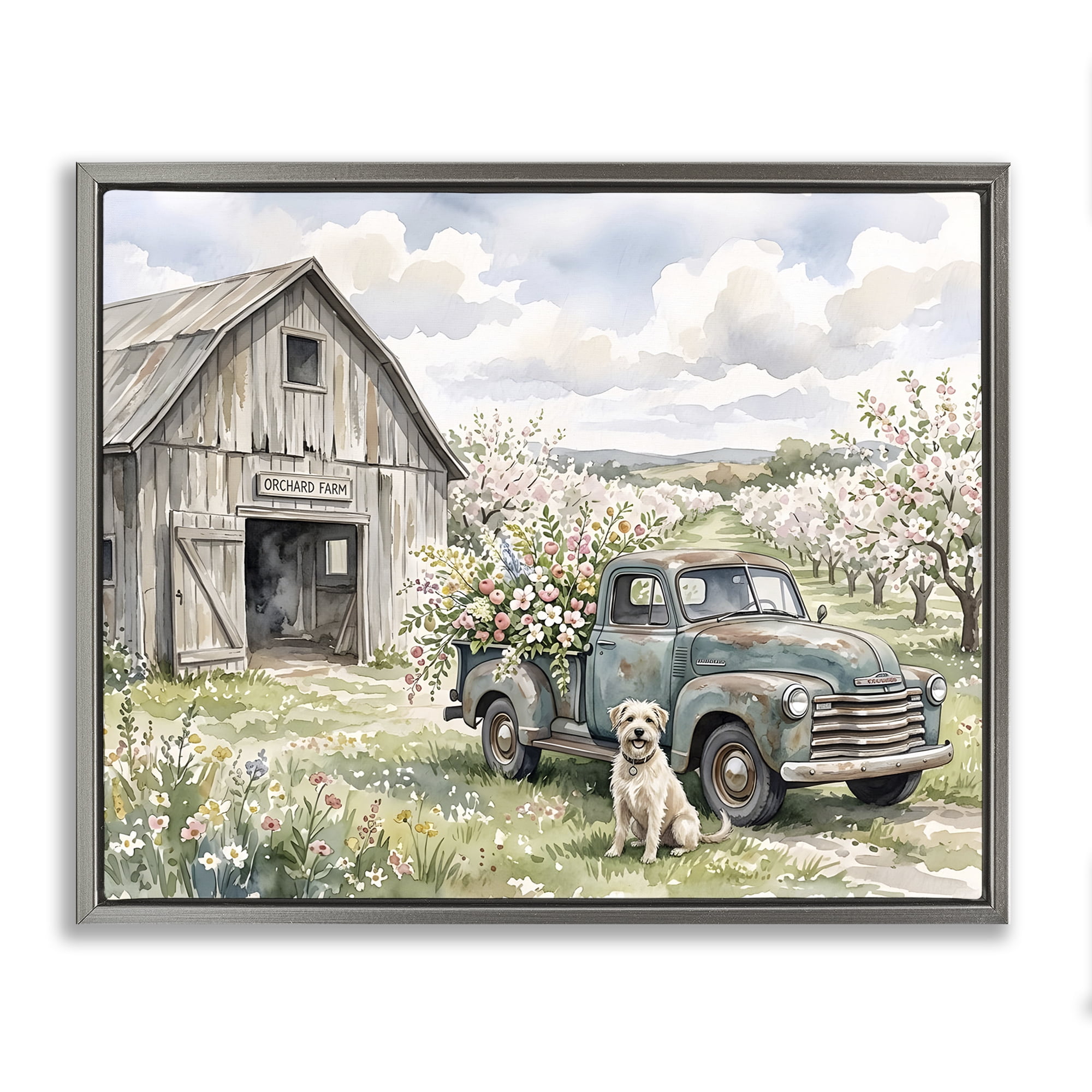 Stupell Industries Spring Orchard and Truck Gray Framed Floater Canvas Wall Art, design by Tabz Jones