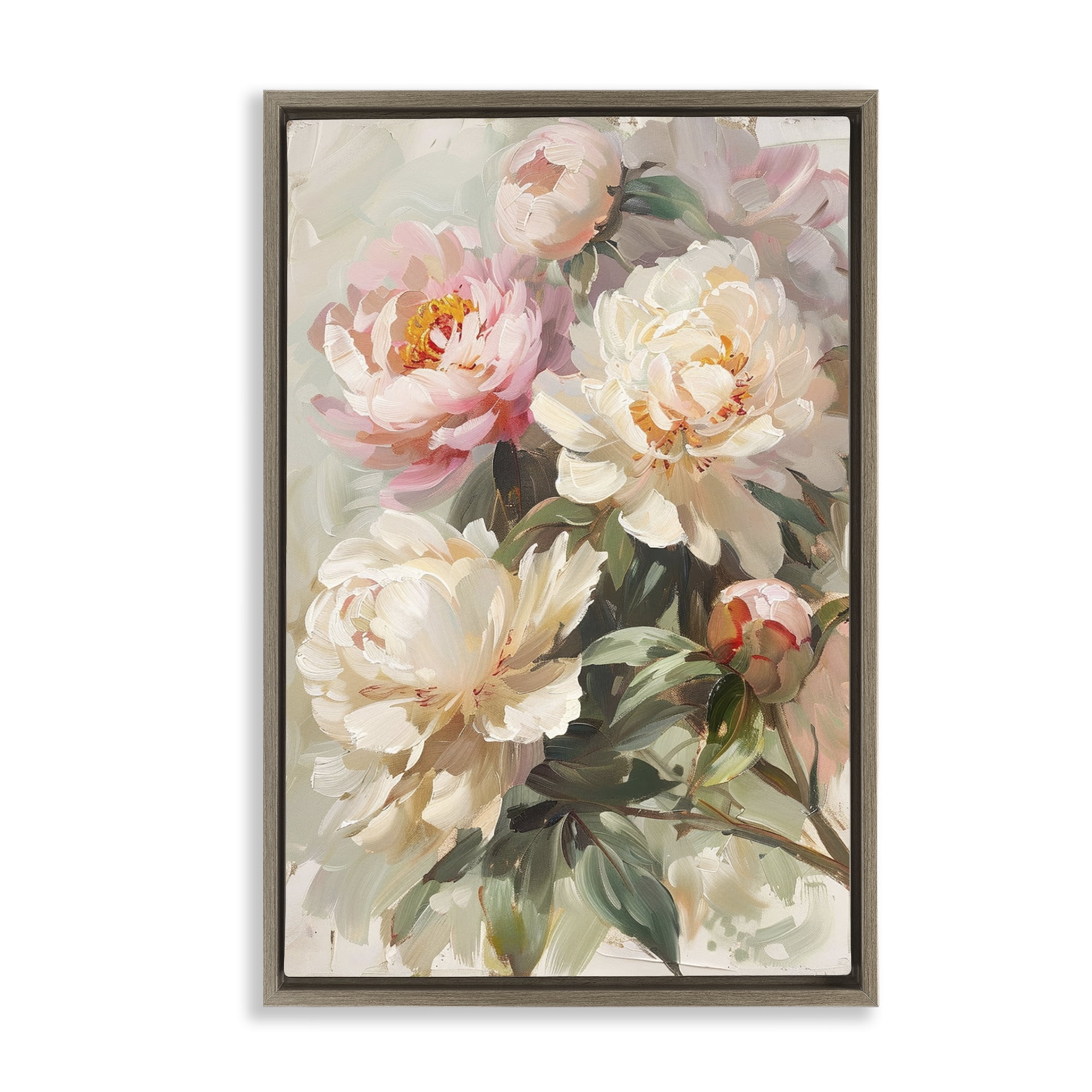 Stupell Industries Spring Peony Bundle Plants & Flowers Painting Brown Floater Framed Canvas Art Print Wall Art, 21 x 31