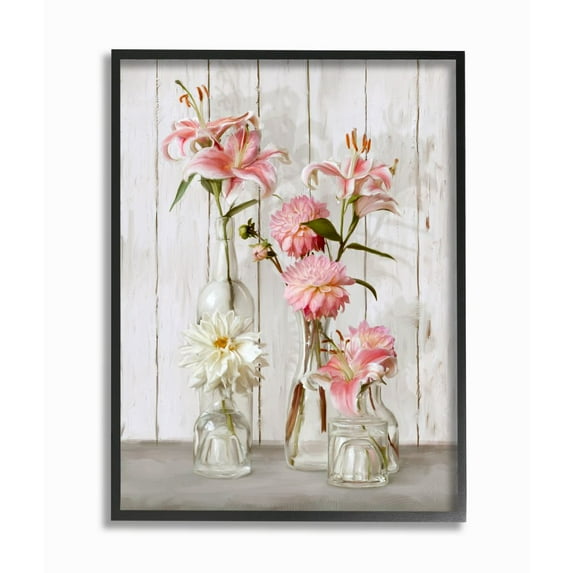 Stupell Industries Spring Pink Florals in Glass Jars Feminine Rustic Flowers Framed Wall Art Design by Ziwei Li, 16" x 20", Black Framed