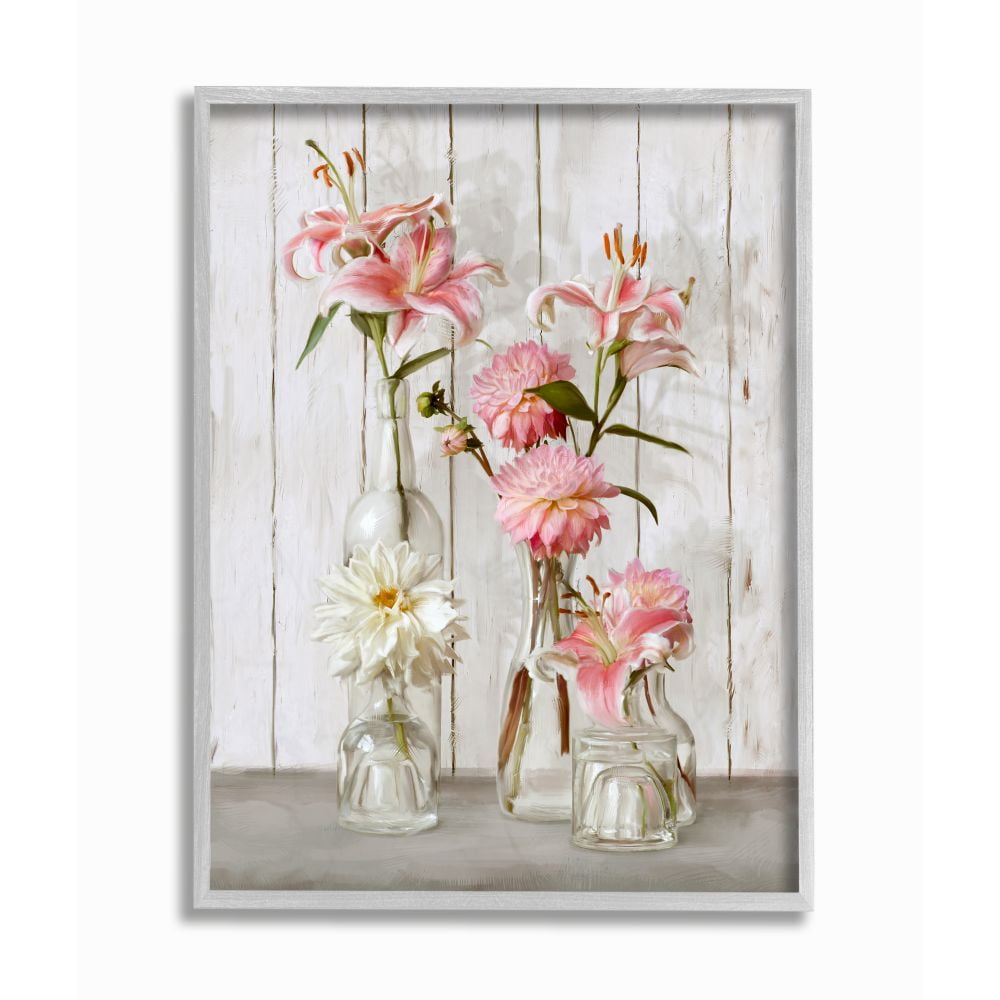 Stupell Industries Spring Pink Florals in Glass Jars Feminine Rustic Flowers Framed Wall Art Design by Ziwei Li, 16" x 20", Gray Framed